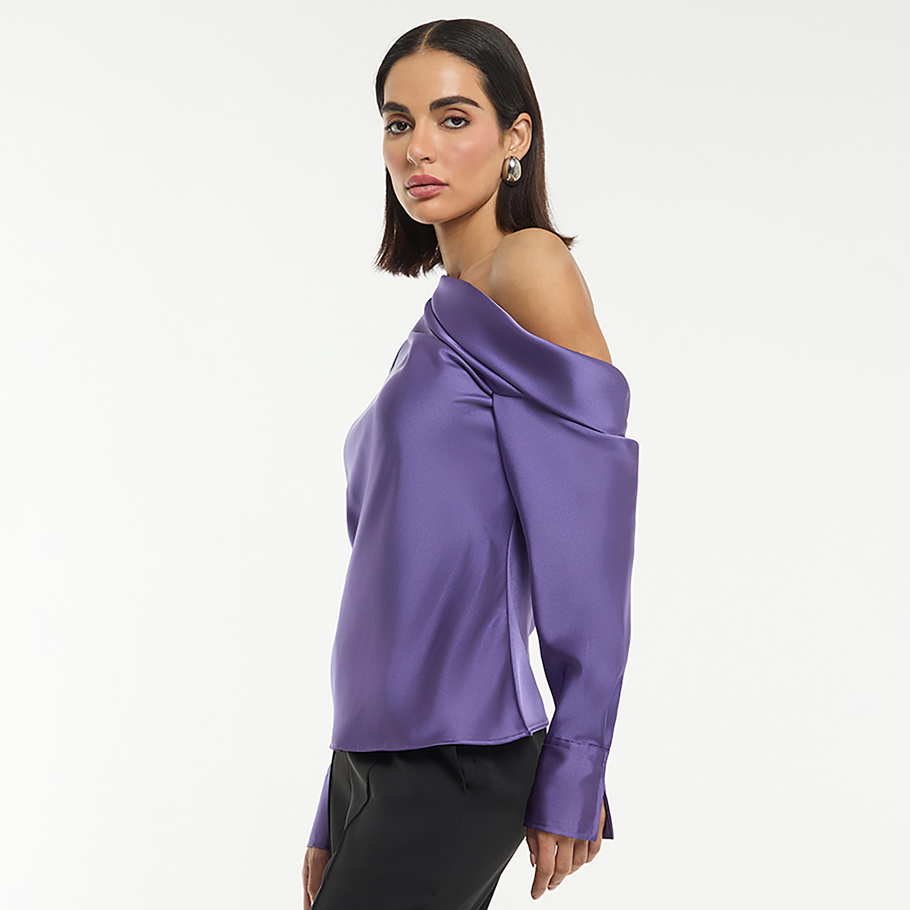 بلوزة ساتان نسائية بكتف واحد بلون أرجواني داكن من بي سي بي جي-women-clothing-shirtsandblouses-blouses-image-5