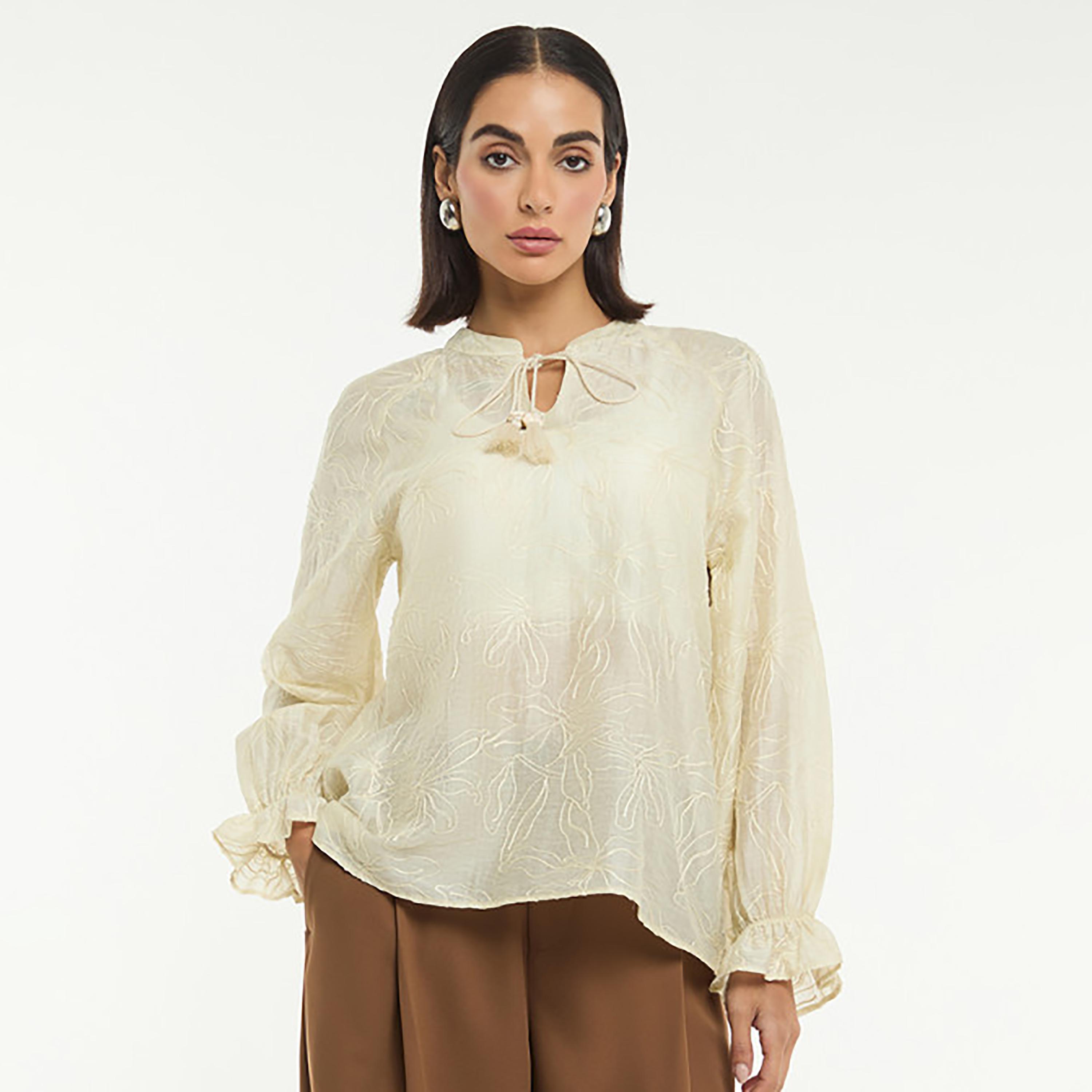 بلوزة نسائية مطرزة بياقة تربط بلون كريمي من بي سي بي جي-women-clothing-shirtsandblouses-blouses-image-1