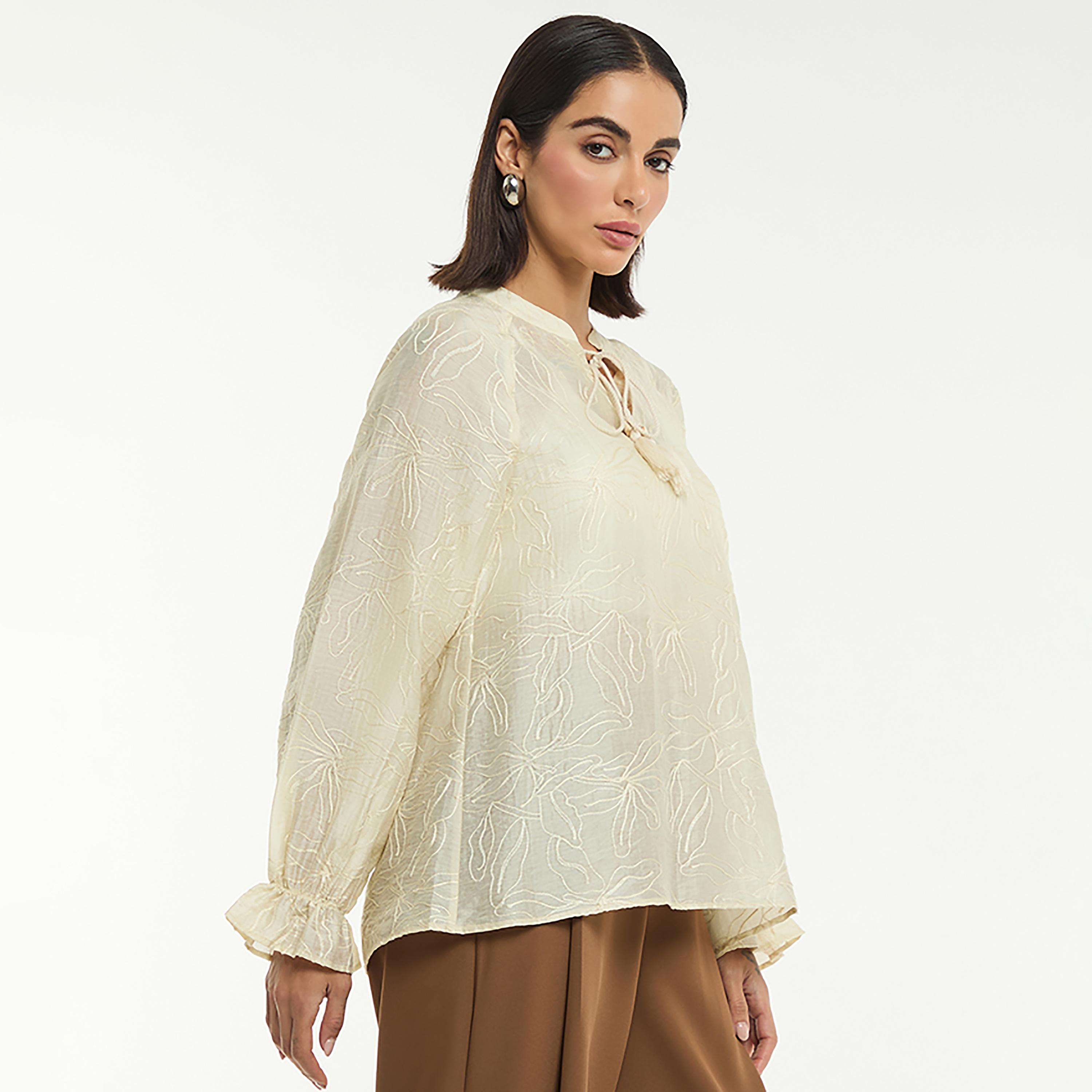 BCBG Cream Embroidered Tie Neck Women's Top-women-clothing-shirtsandblouses-blouses-image-5