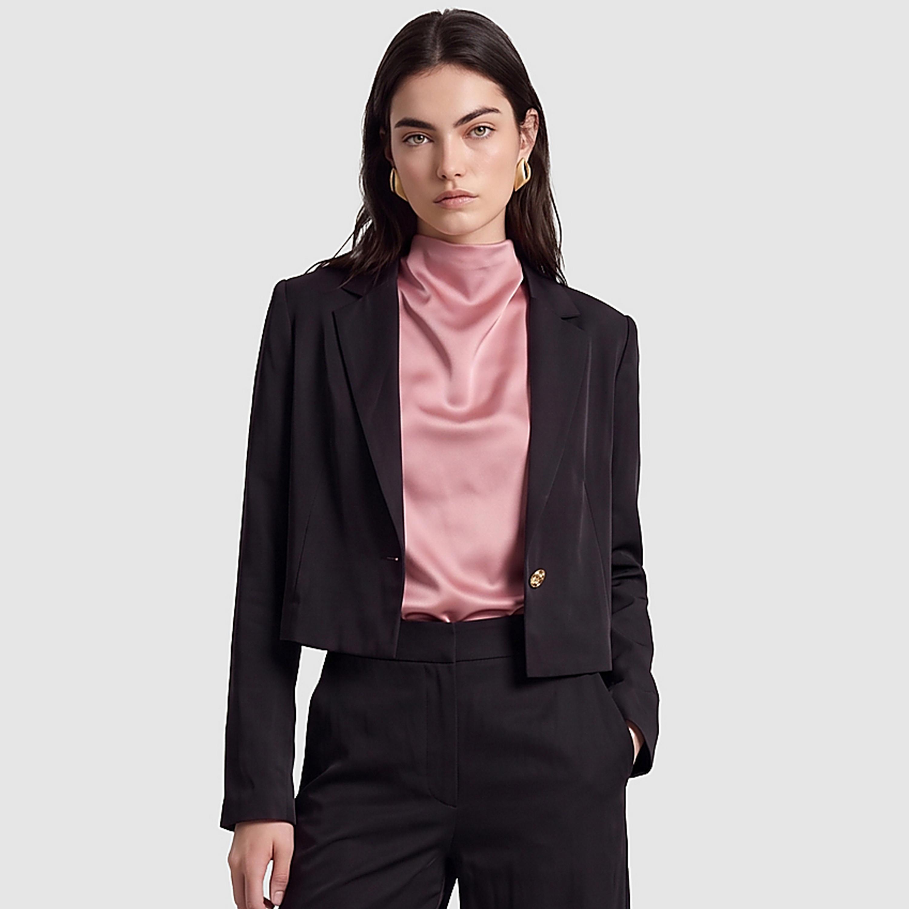 BCBG Black Lapel Collar Women's Cropped Single Breasted Blazer-women-clothing-coatsandjackets-blazers-image-1