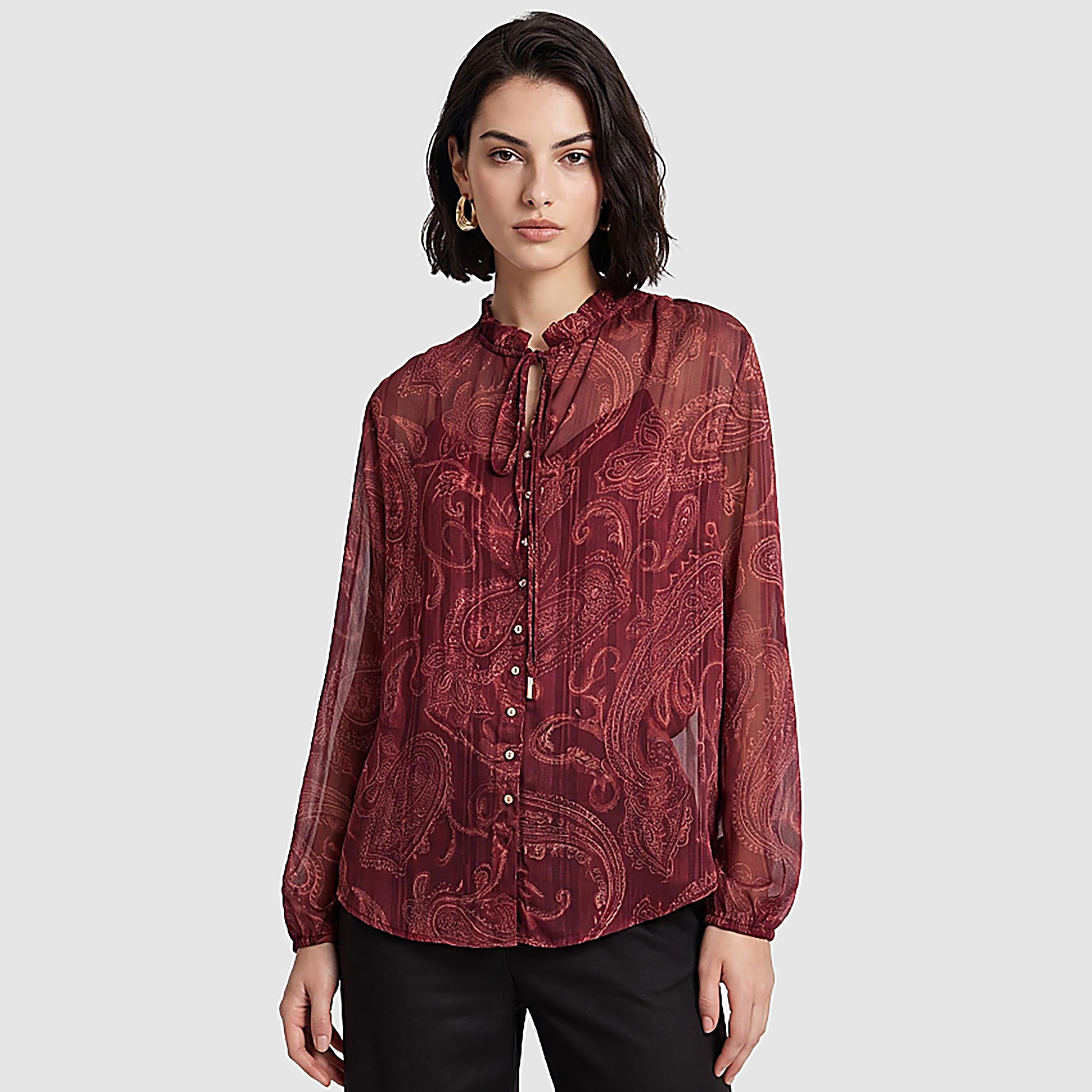 BCBG Burgundy Paisley Print Tie-Up Neck Women's Top-women-clothing-shirtsandblouses-blouses-image-1