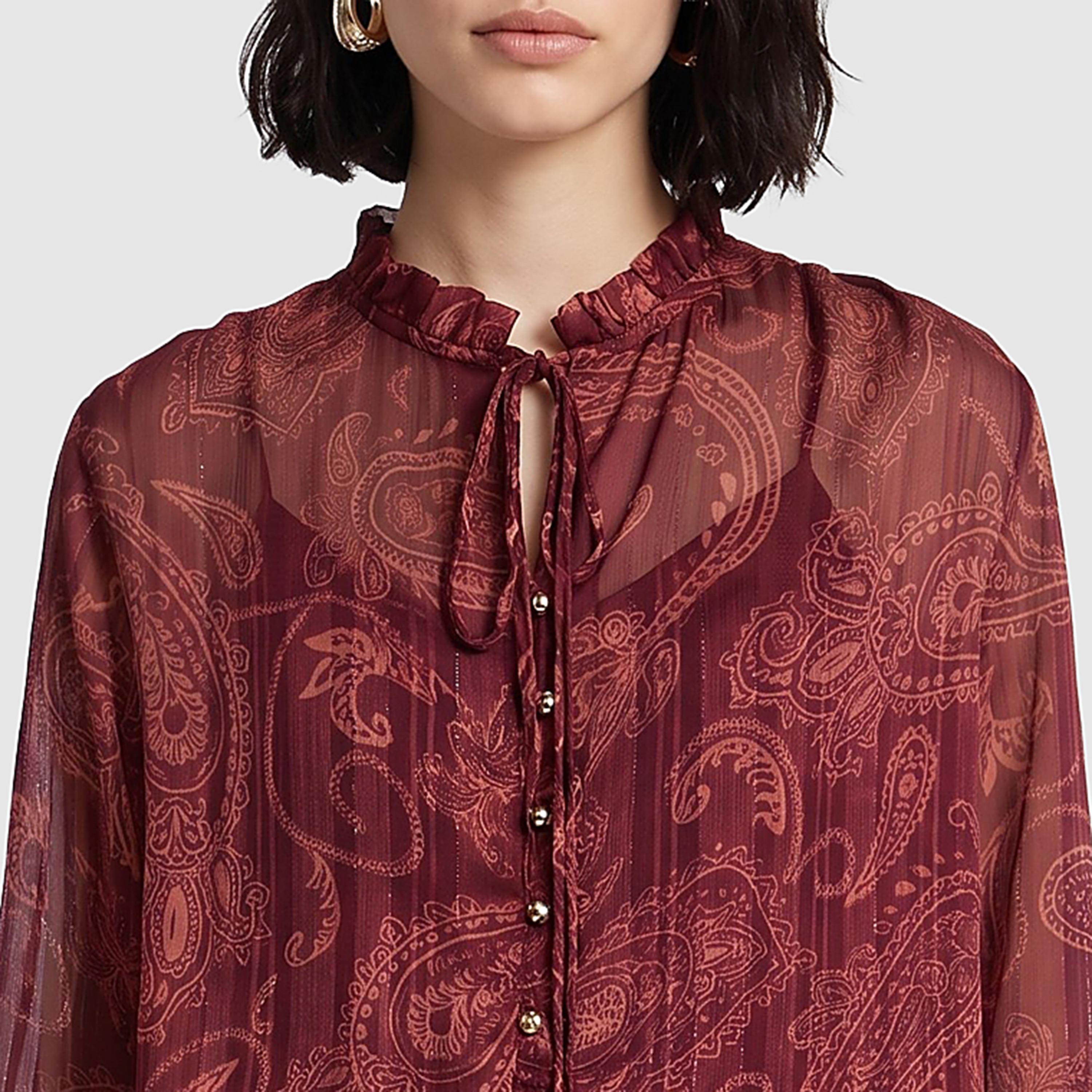 BCBG Burgundy Paisley Print Tie-Up Neck Women's Top-women-clothing-shirtsandblouses-blouses-image-4