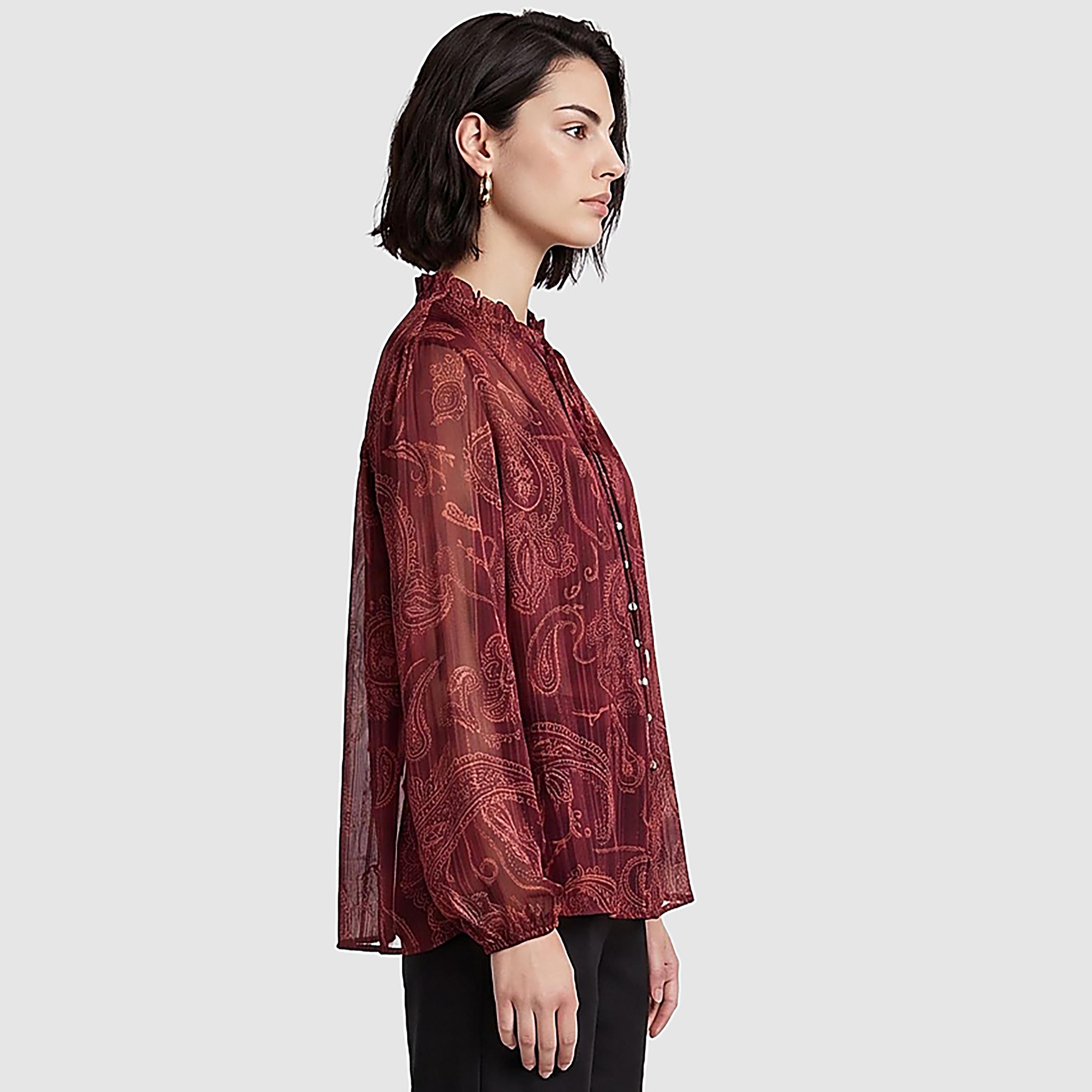 BCBG Burgundy Paisley Print Tie-Up Neck Women's Top-women-clothing-shirtsandblouses-blouses-image-5