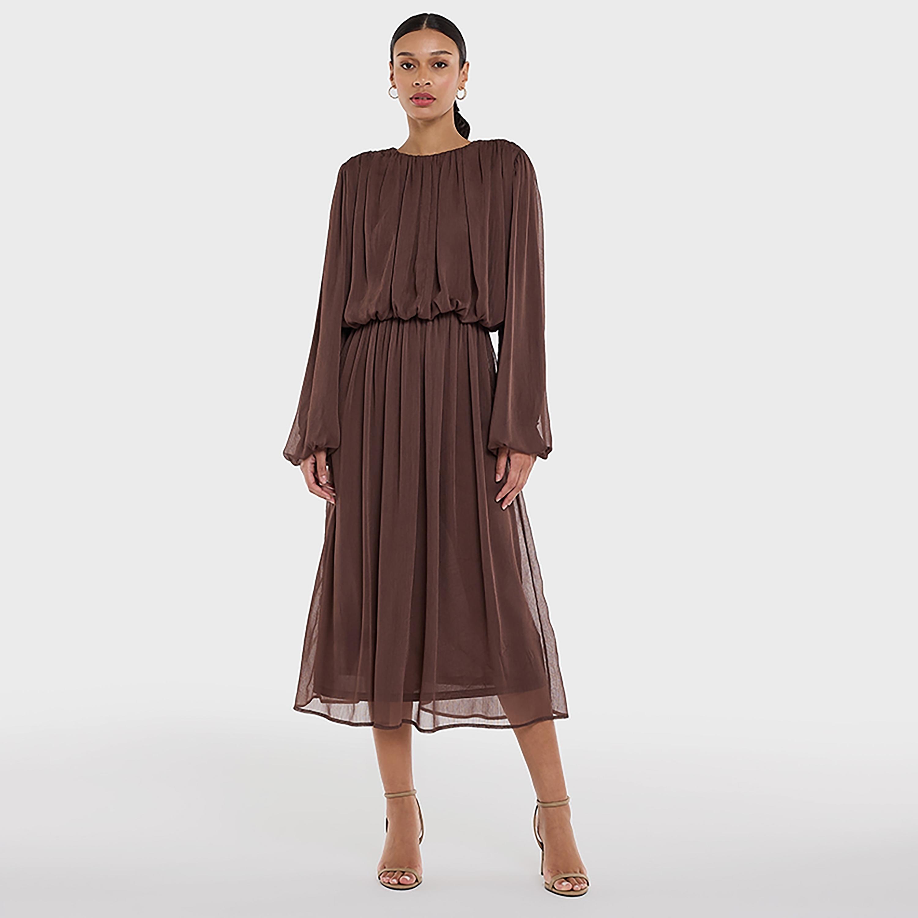 فستان متوسط الطول بلون بني بأكمام منفوخة للنساء من بي سي بي جي-women-clothing-dresses-image-1
