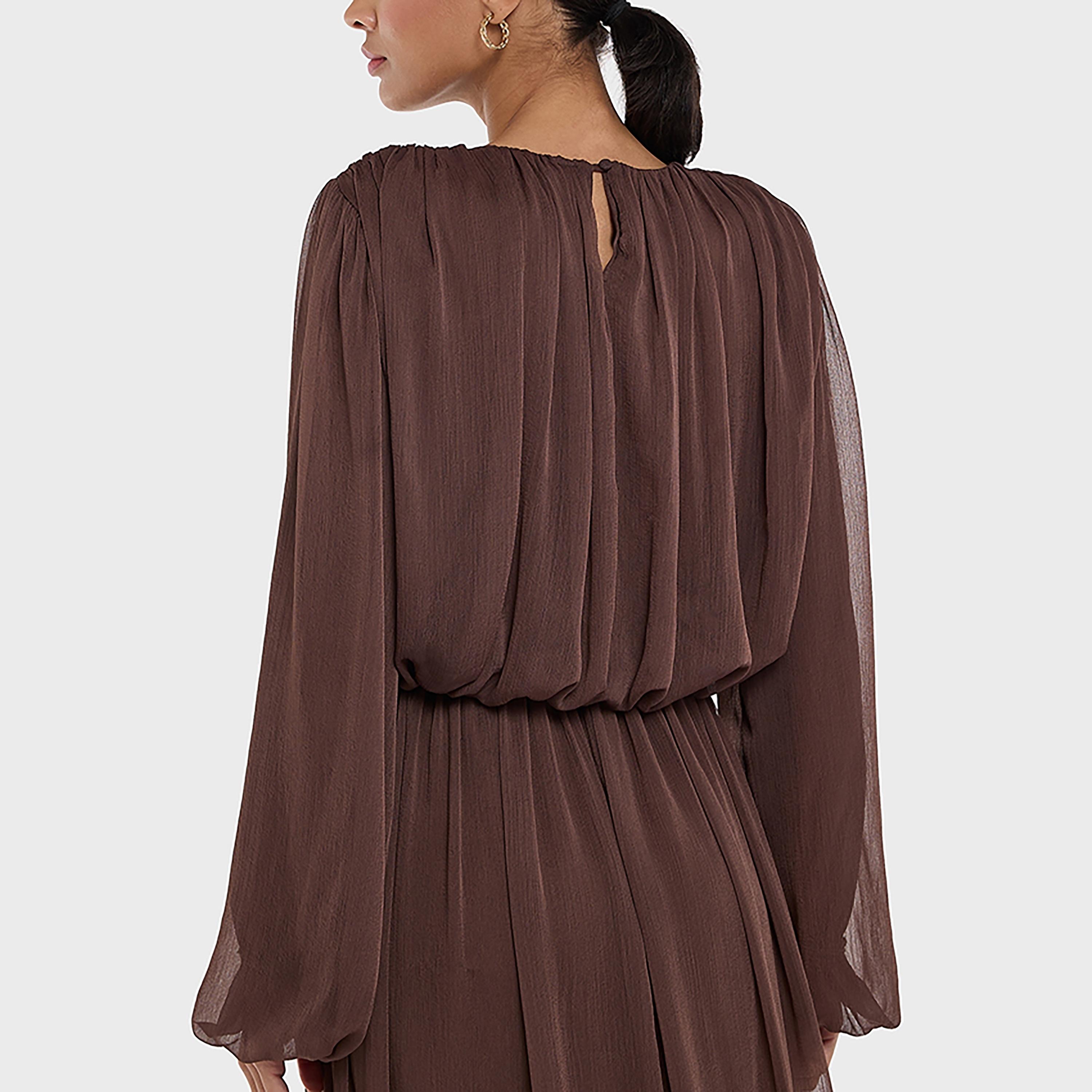 فستان متوسط الطول بلون بني بأكمام منفوخة للنساء من بي سي بي جي-women-clothing-dresses-image-3