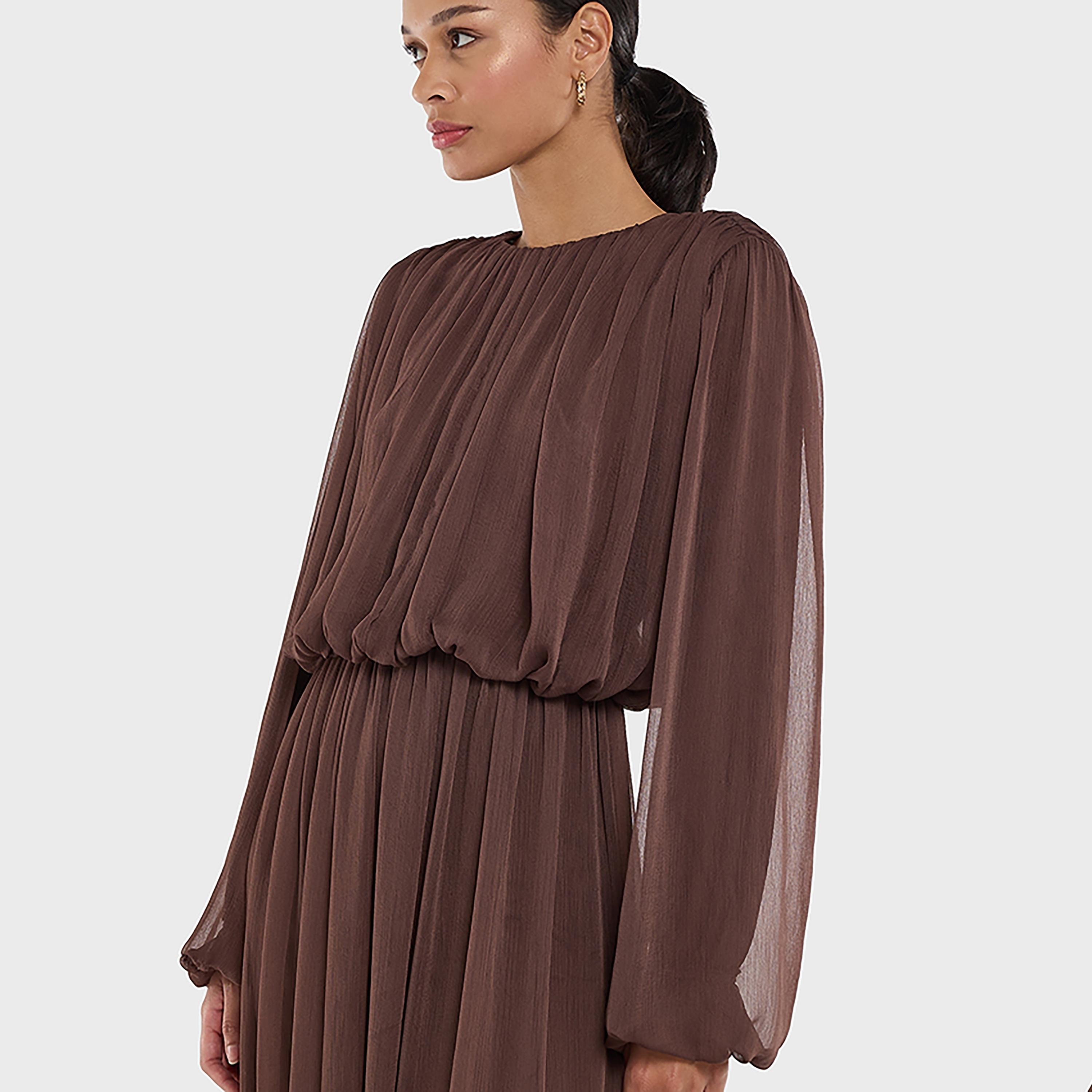 فستان متوسط الطول بلون بني بأكمام منفوخة للنساء من بي سي بي جي-women-clothing-dresses-image-4