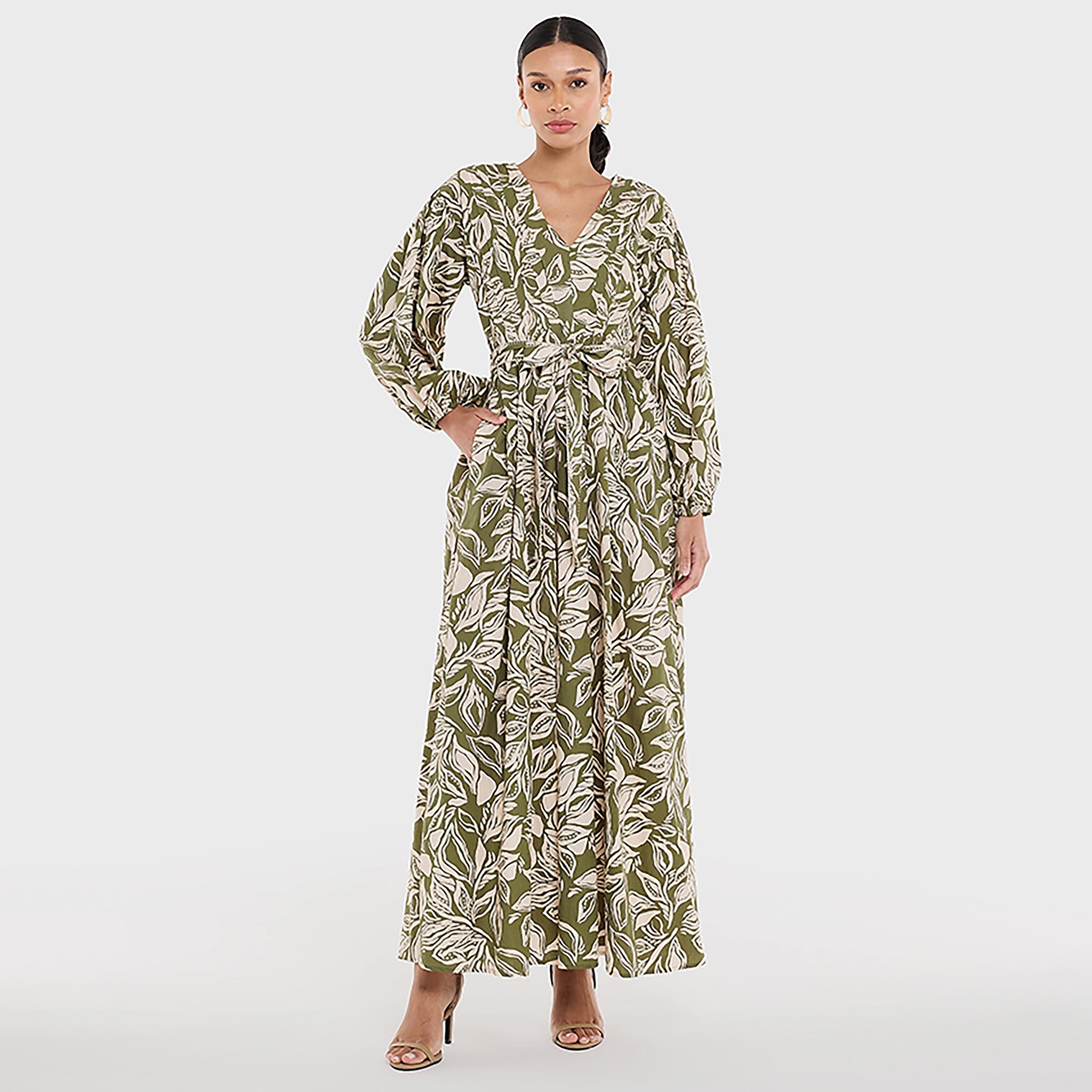 BCBG Floral Print Cotton Balloon Sleeves Belted Women's Maxi Dress-women-clothing-dresses-image-1