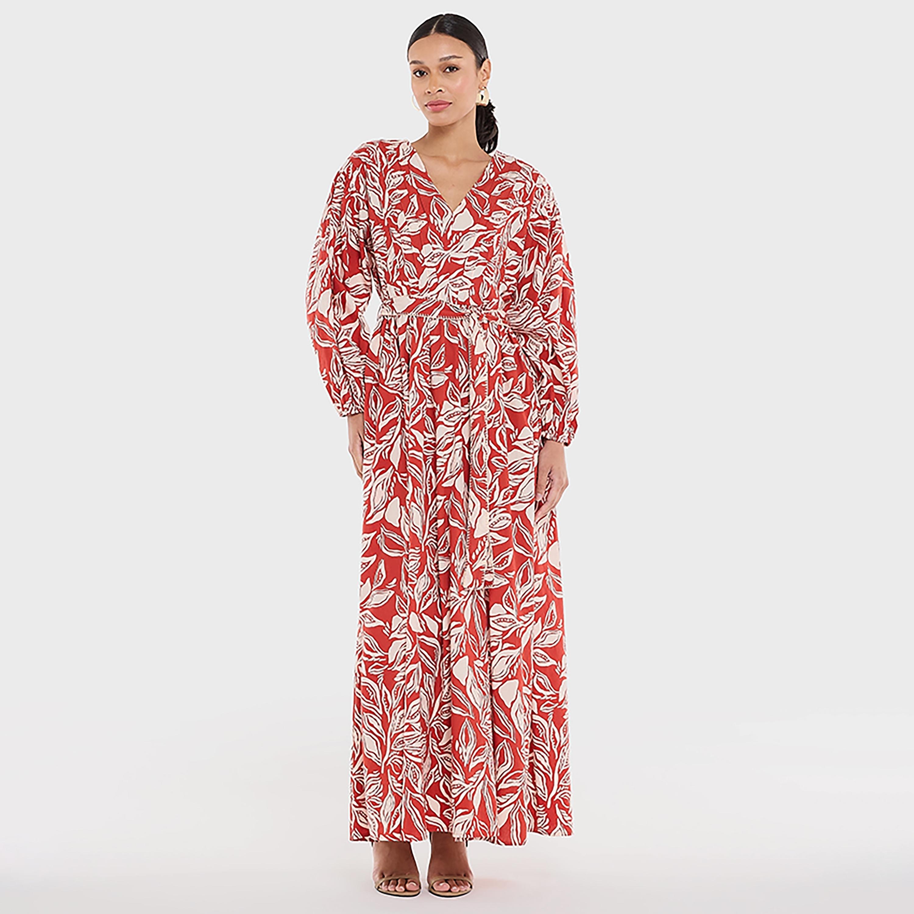 فستان ماكسي من القطن بطبعة زهور وأكمام منفوخة وحزام للنساء من بي سي بي جي-women-clothing-dresses-image-1