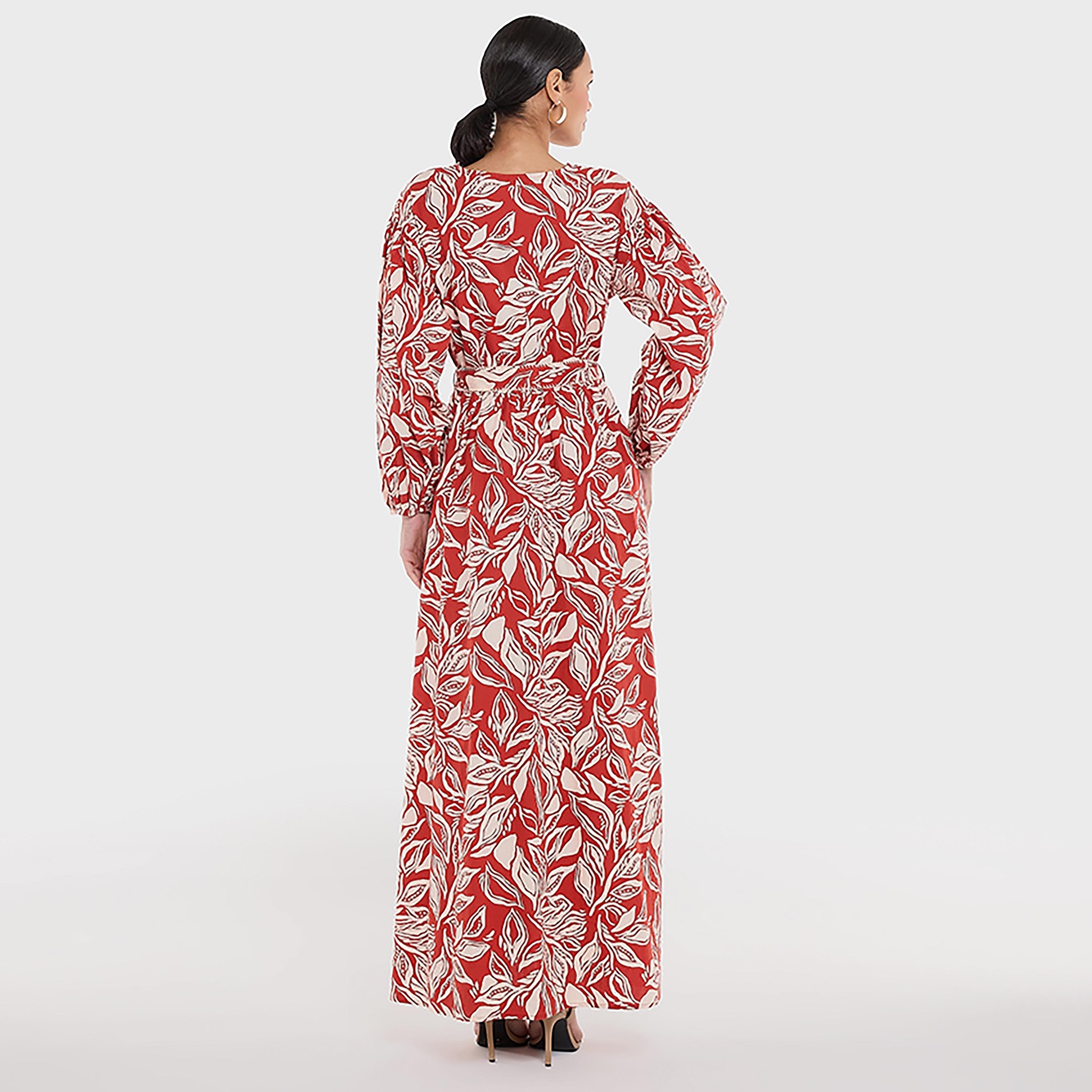 فستان ماكسي من القطن بطبعة زهور وأكمام منفوخة وحزام للنساء من بي سي بي جي-women-clothing-dresses-image-2