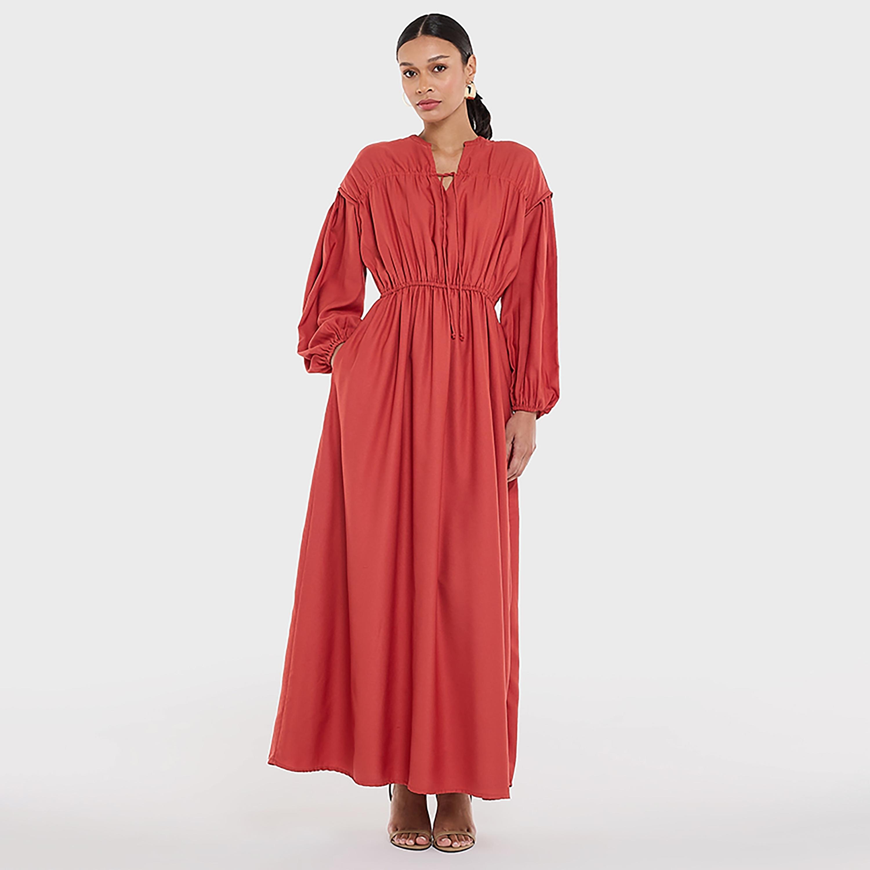 BCBG Gathered Tie-Up Neck Balloon Sleeves Red Women's Maxi Dress-women-clothing-dresses-image-1