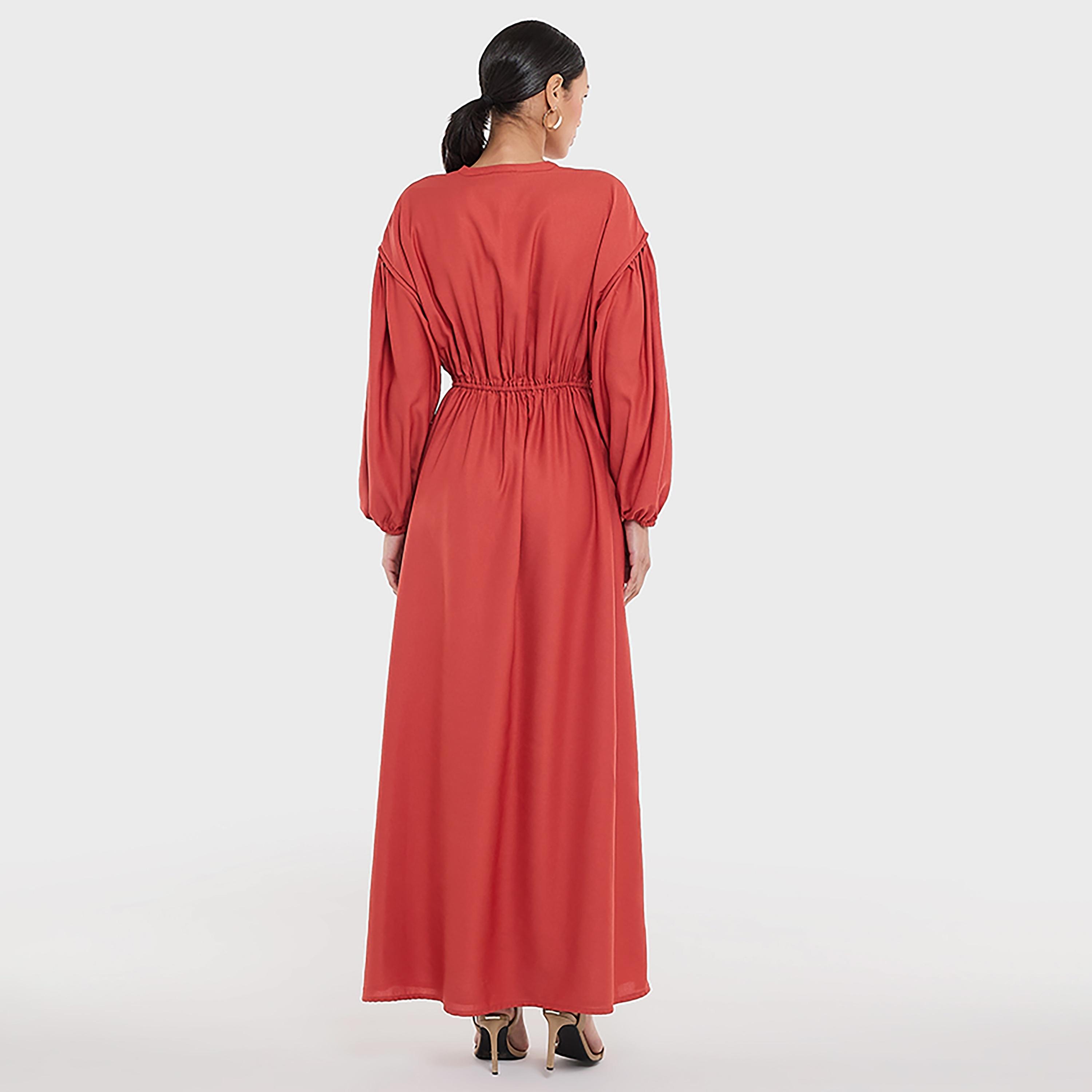 BCBG Gathered Tie-Up Neck Balloon Sleeves Red Women's Maxi Dress-women-clothing-dresses-image-2