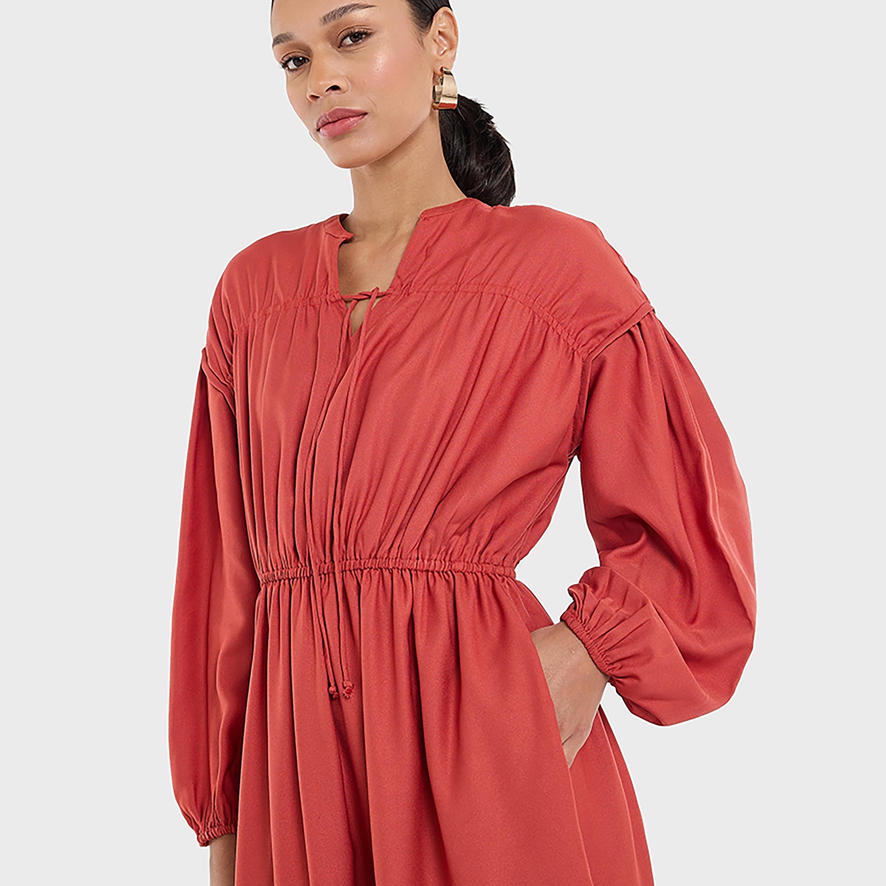 BCBG Gathered Tie-Up Neck Balloon Sleeves Red Women's Maxi Dress-women-clothing-dresses-image-3