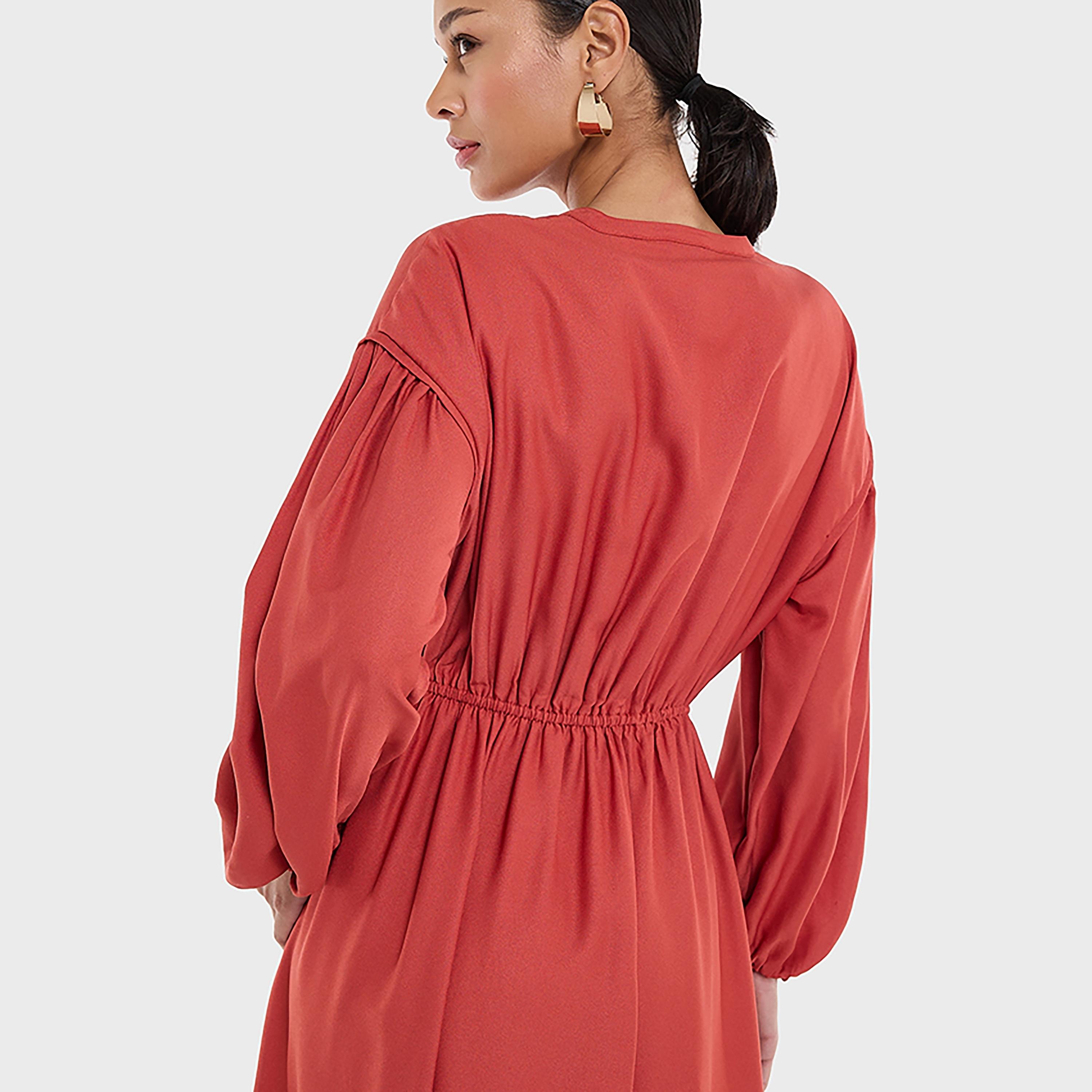 BCBG Gathered Tie-Up Neck Balloon Sleeves Red Women's Maxi Dress-women-clothing-dresses-image-4