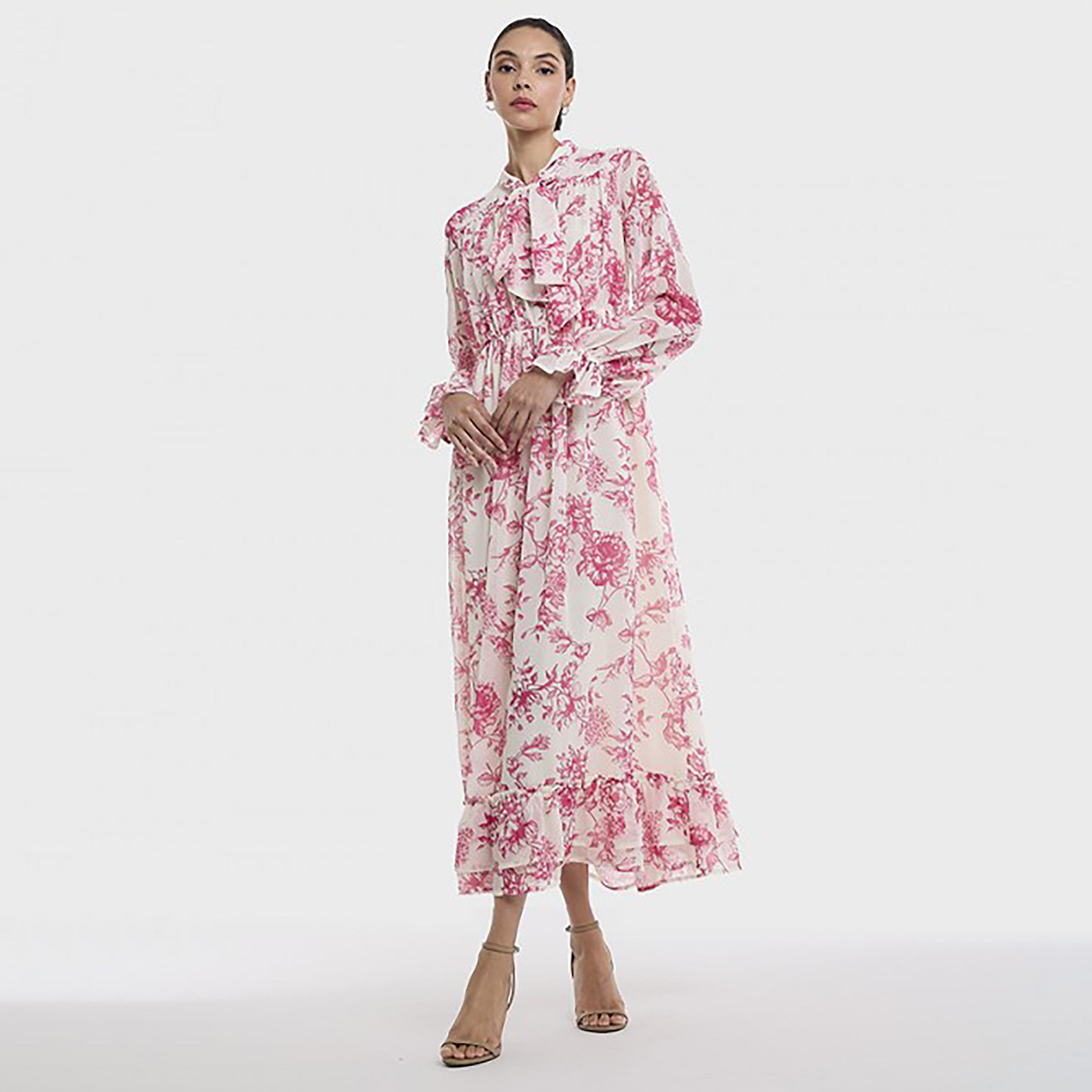 فستان ماكسي نسائي انسيابي بياقة تربط وتصميم مطبوع لون وردي من بي سي بي جي-women-clothing-dresses-image-1