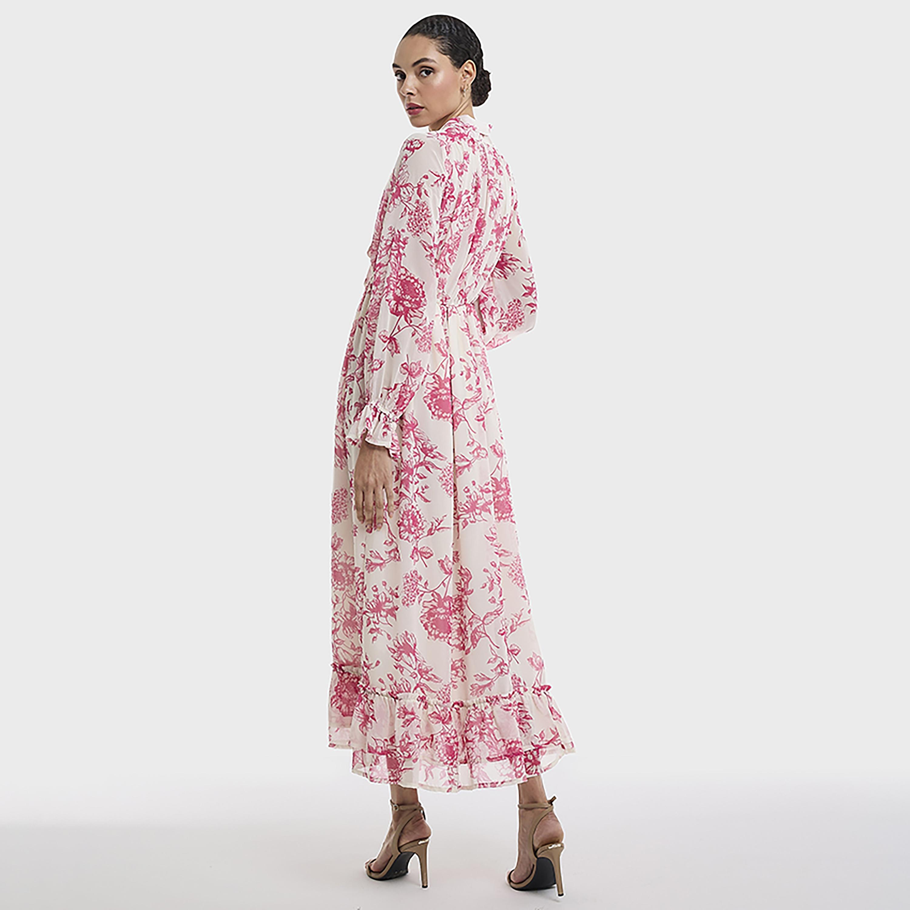 فستان ماكسي نسائي انسيابي بياقة تربط وتصميم مطبوع لون وردي من بي سي بي جي-women-clothing-dresses-image-2