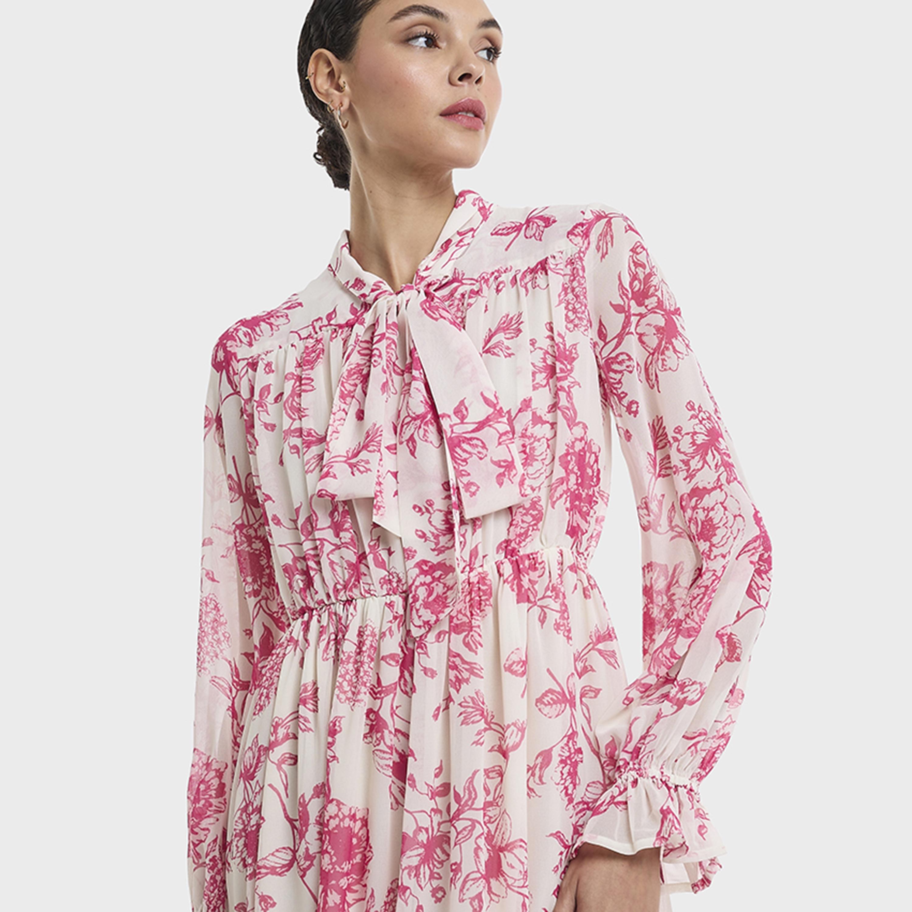 BCBG Pink Printed Tie Neck Flowy Women's Maxi Dress-women-clothing-dresses-image-3