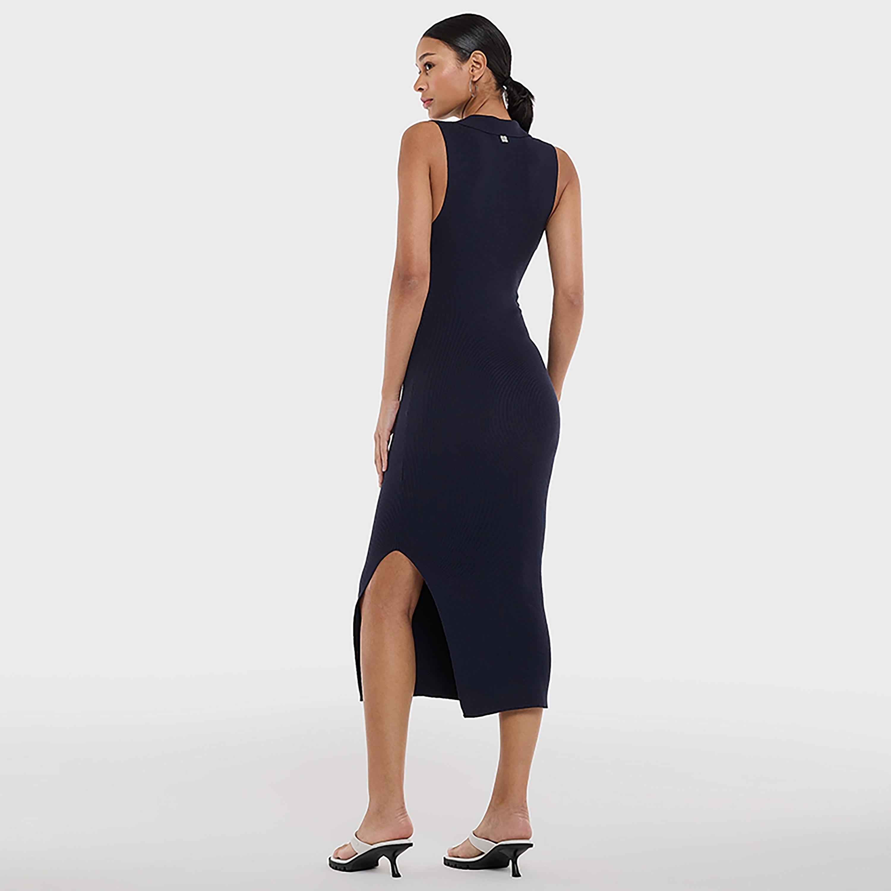 BCBG Ribbed Collared Slit Women's Midi Dress-women-clothing-dresses-image-2