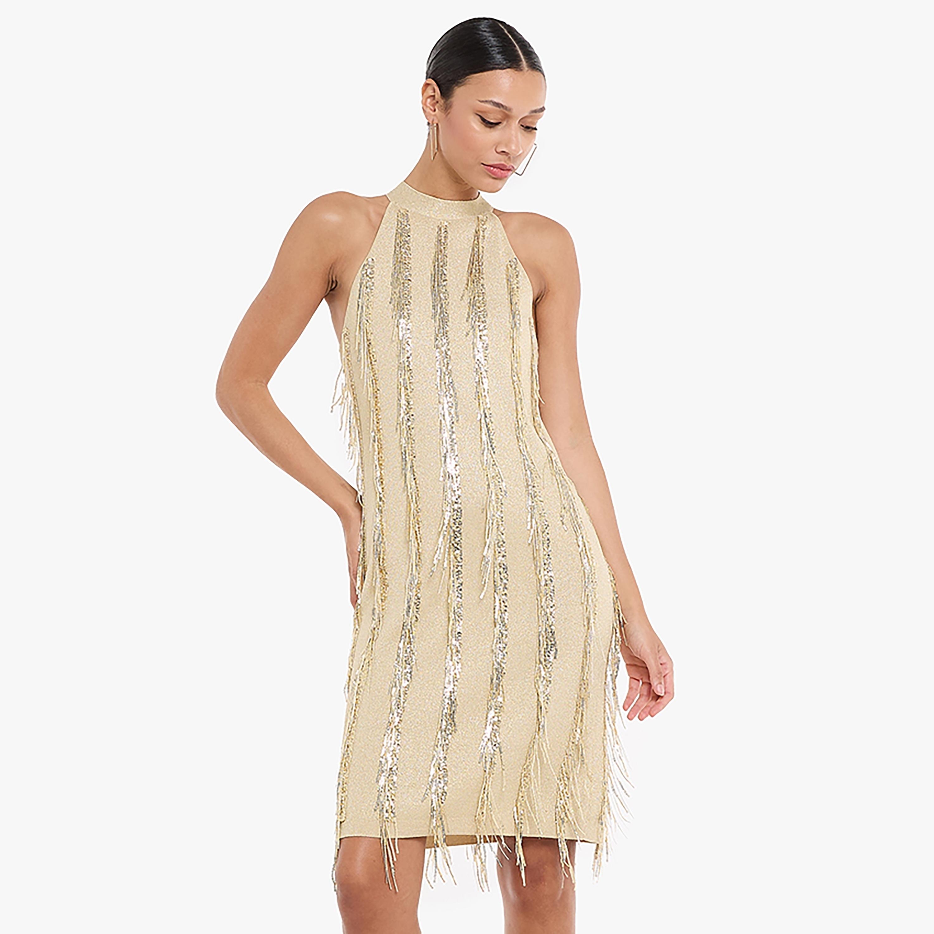 BCBG Sequined Fringes Halter Neck Bodycon Women's Evening Knee-Length Dress-women-clothing-dresses-image-1