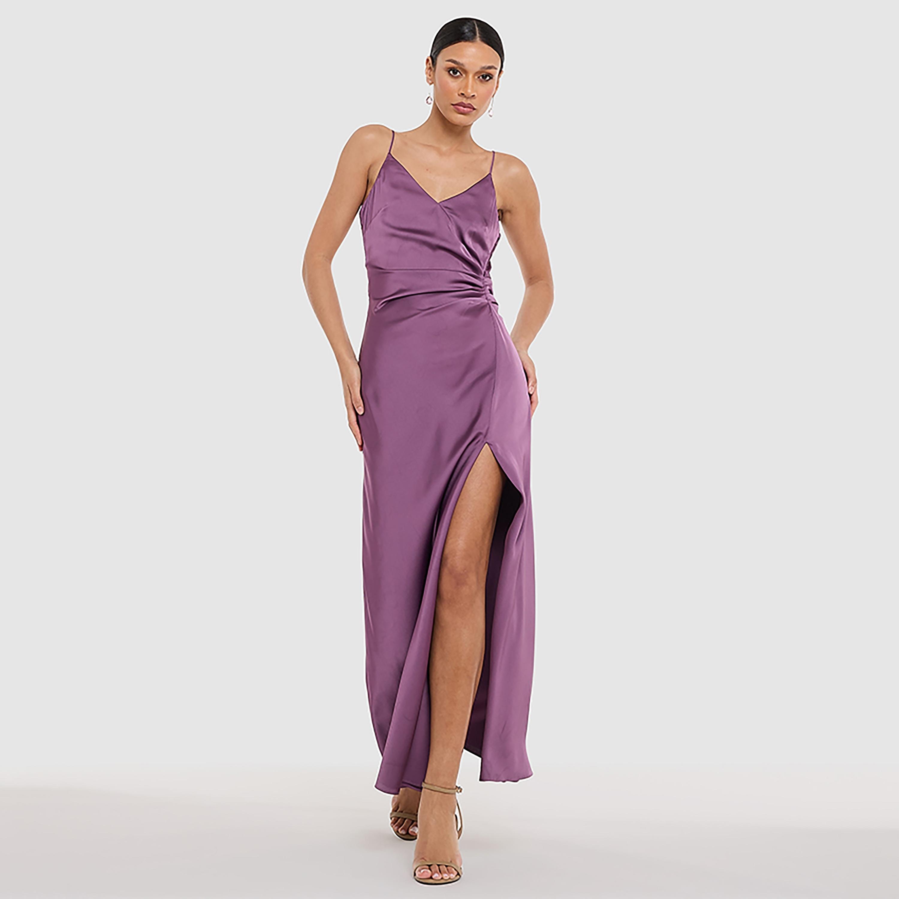 فستان ماكسي ساتان مكشكش، بحمالات كتف، مزين بفتحة للنساء من بي سي بي جي-women-clothing-dresses-image-5