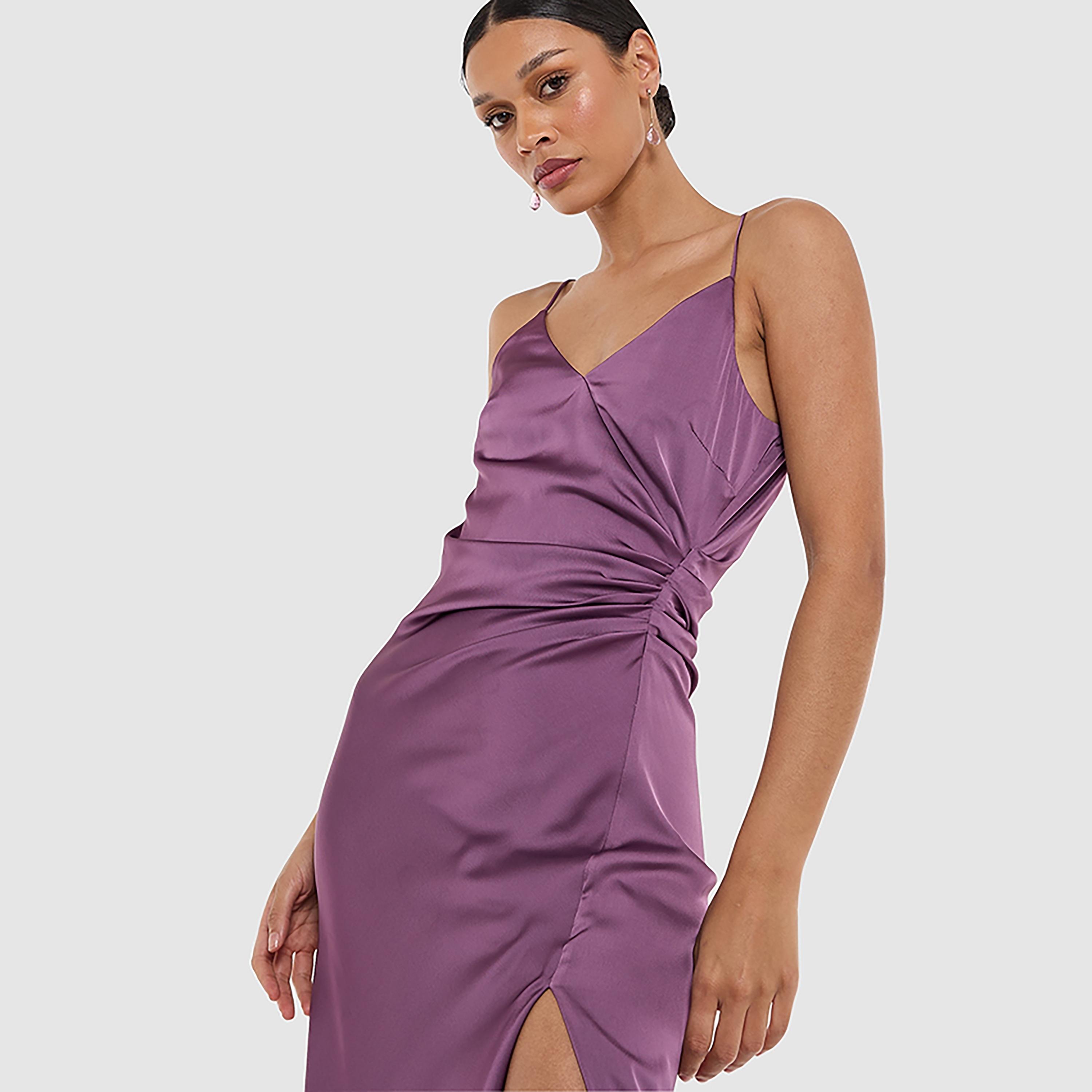 فستان ماكسي ساتان مكشكش، بحمالات كتف، مزين بفتحة للنساء من بي سي بي جي-women-clothing-dresses-image-6