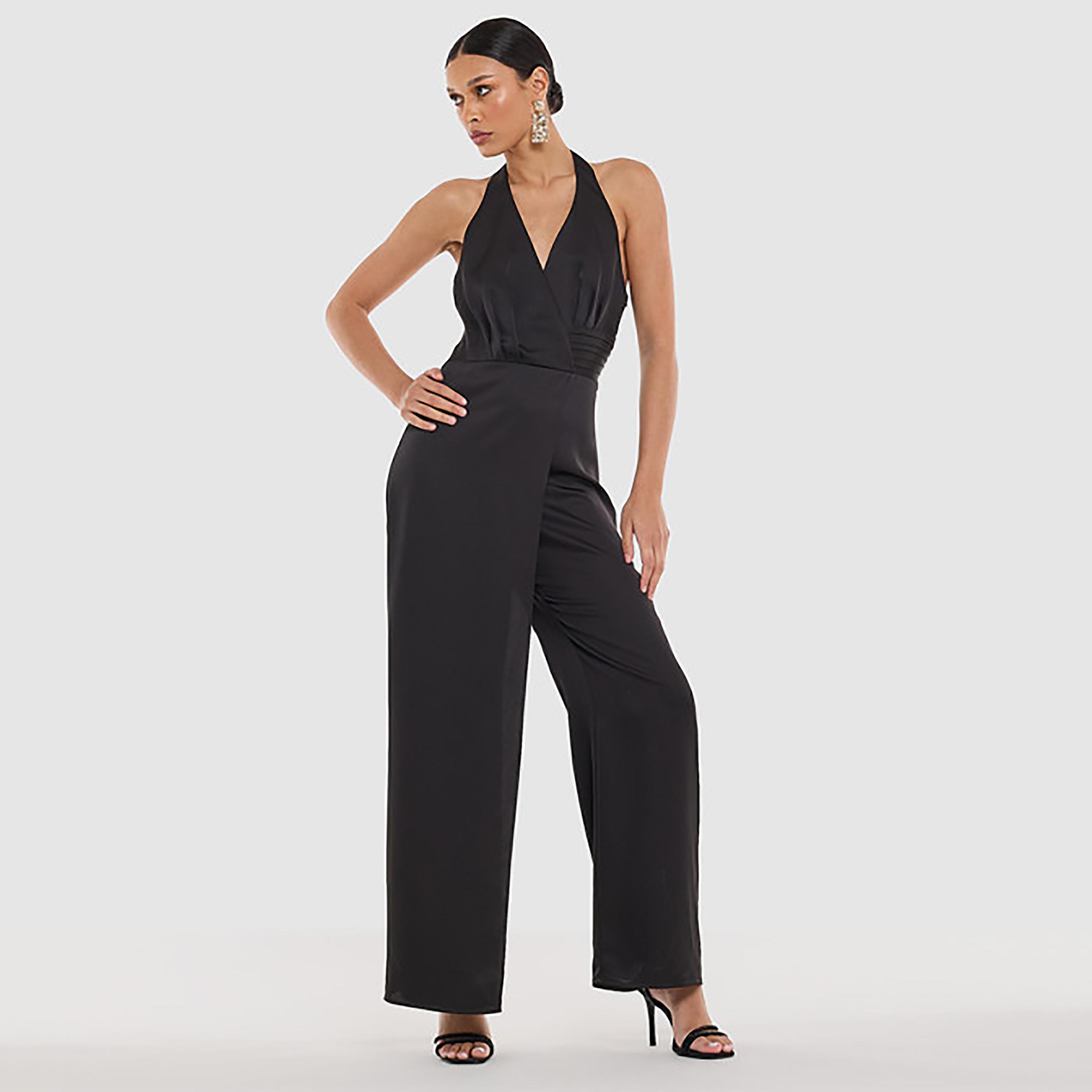 جمبسوت نسائي ساتان بياقة "هالتر" لون أسود من بي سي بي جي-women-clothing-jumpsuits-image-1