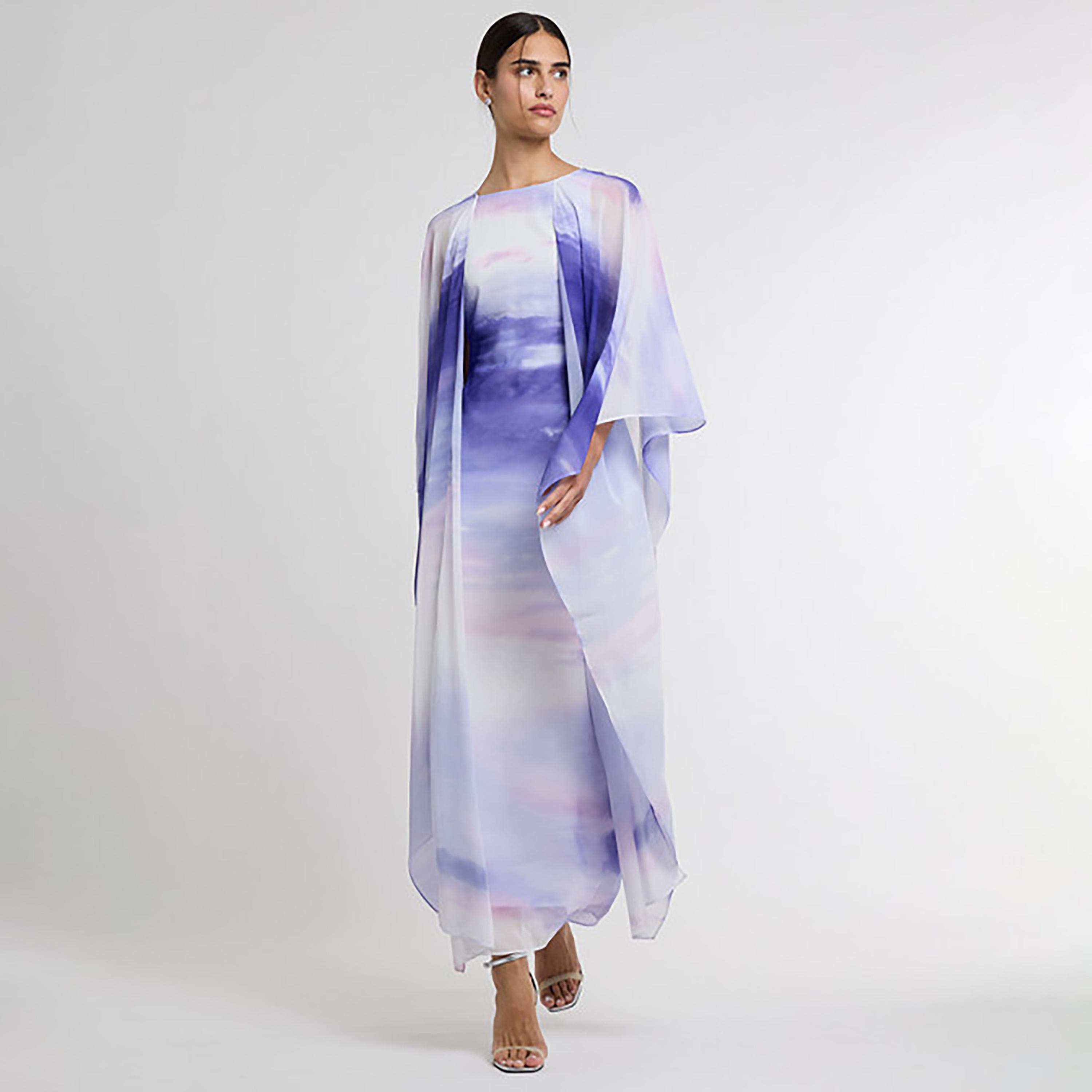 فستان ماكسي نسائي بأكمام "كيب" وطبعة "تاي آند داي" لون أرجواني من بي سي بي جي-women-clothing-dresses-image-1