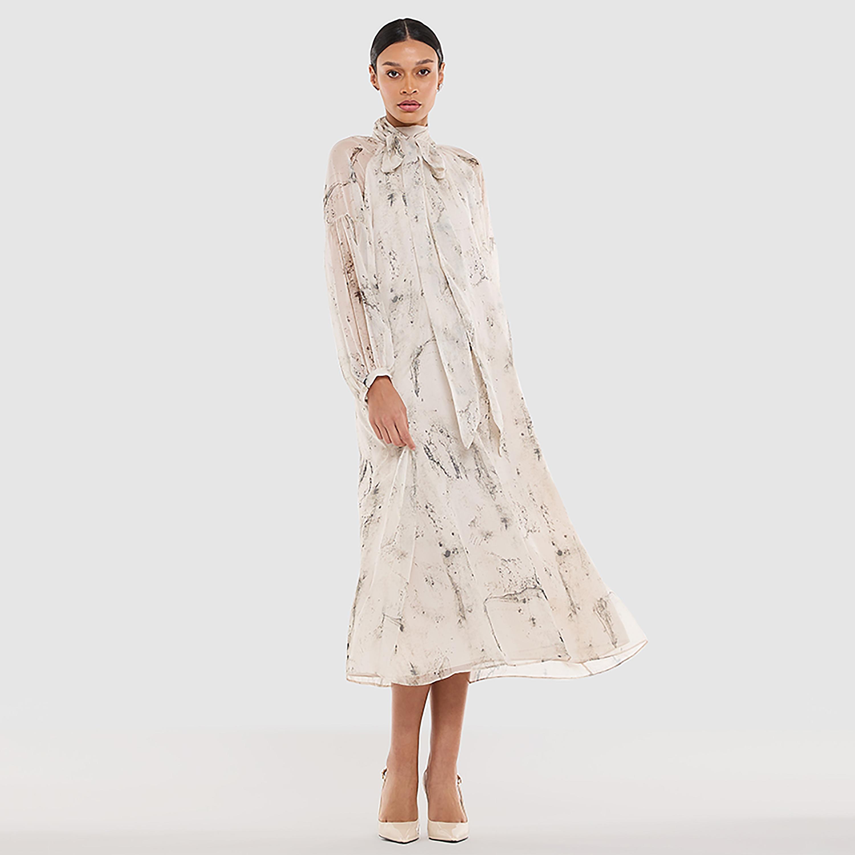 BCBG White Printed Silk Tie-Up Neck Raglan Balloon Sleeves Women's Midi Dress-women-clothing-dresses-image-1