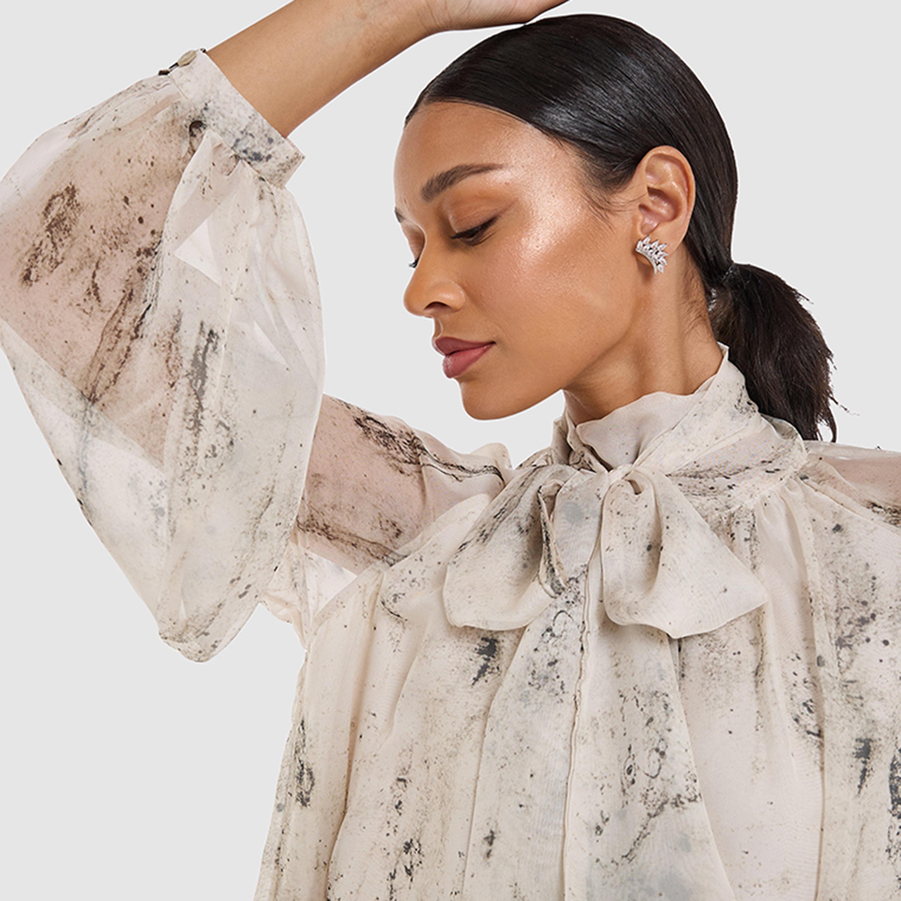 BCBG White Printed Silk Tie-Up Neck Raglan Balloon Sleeves Women's Midi Dress-women-clothing-dresses-image-2