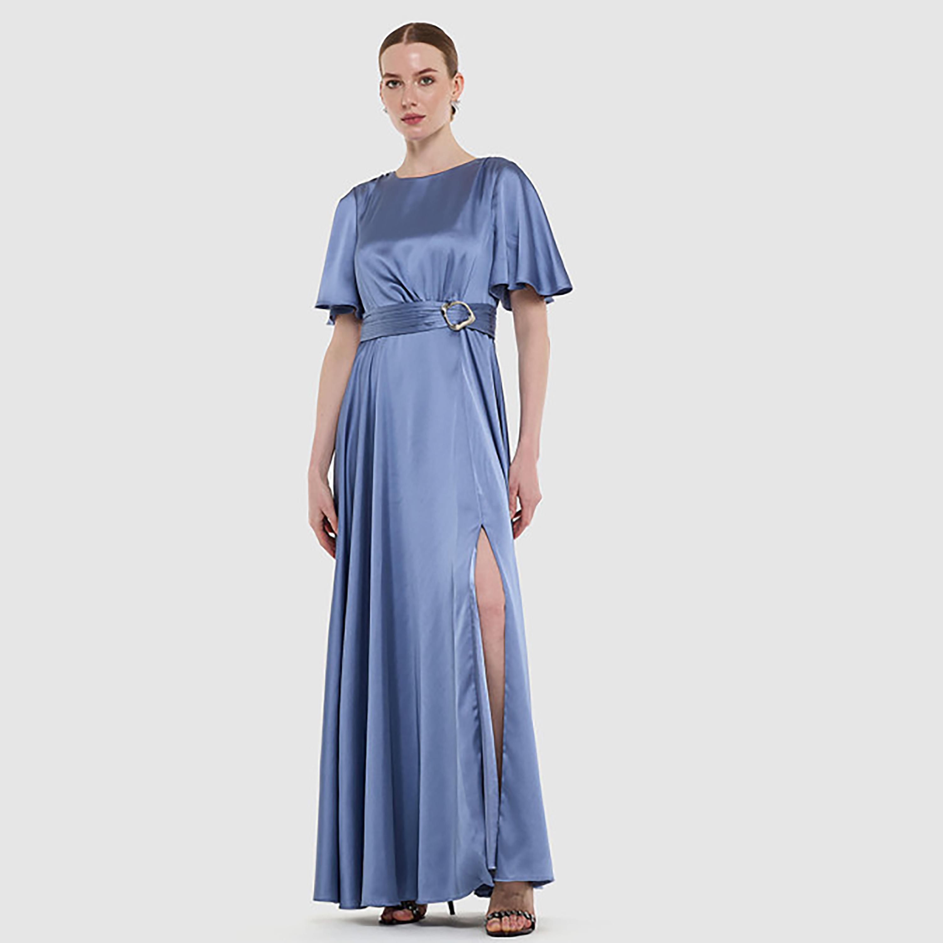 فستان ماكسي ساتان بأكمام "فلاتر" وحزام بلون أزرق من بي سي بي جي-women-clothing-dresses-image-1