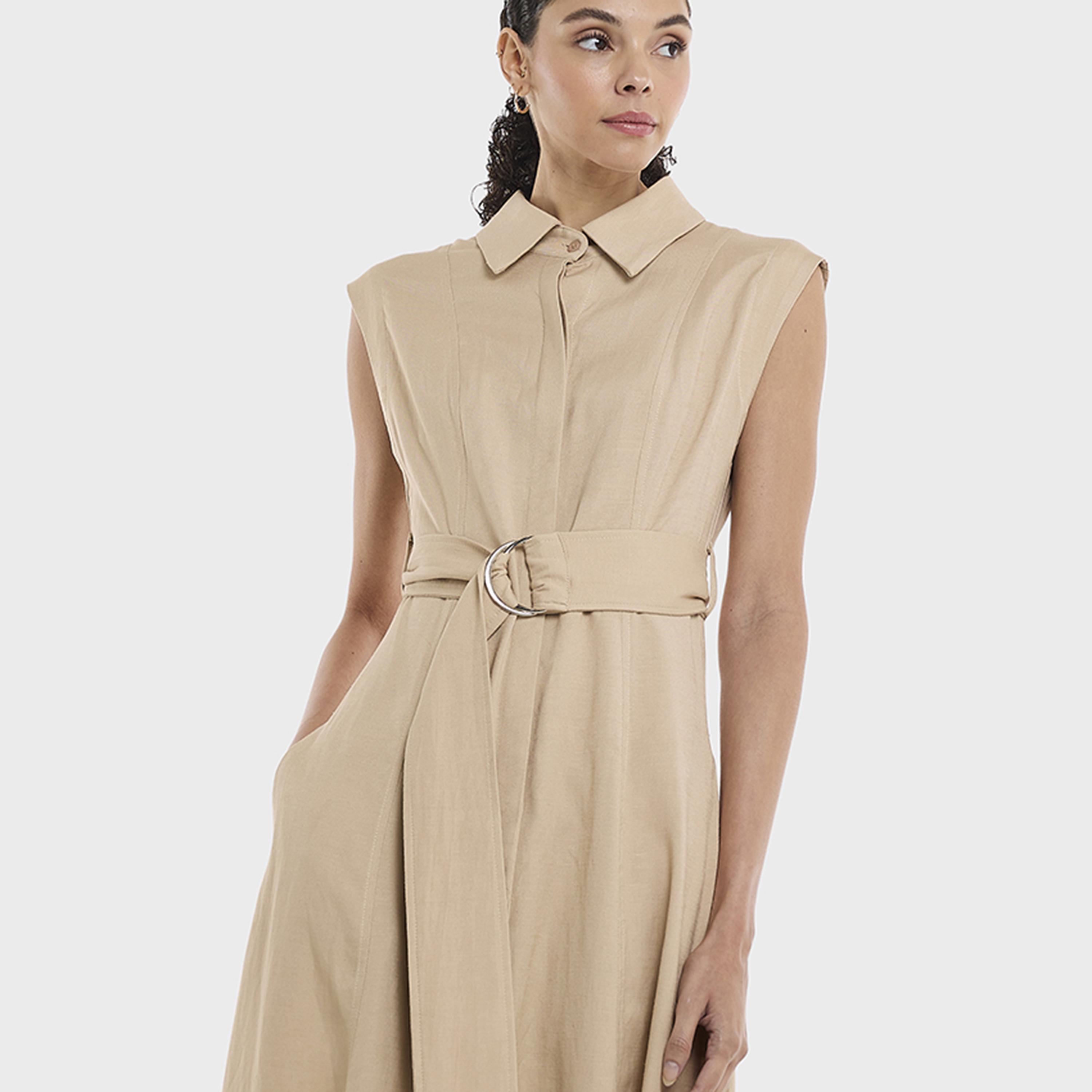 BCBG Cap Sleeves Belted Women's Midi Shirt Dress-women-clothing-dresses-image-4