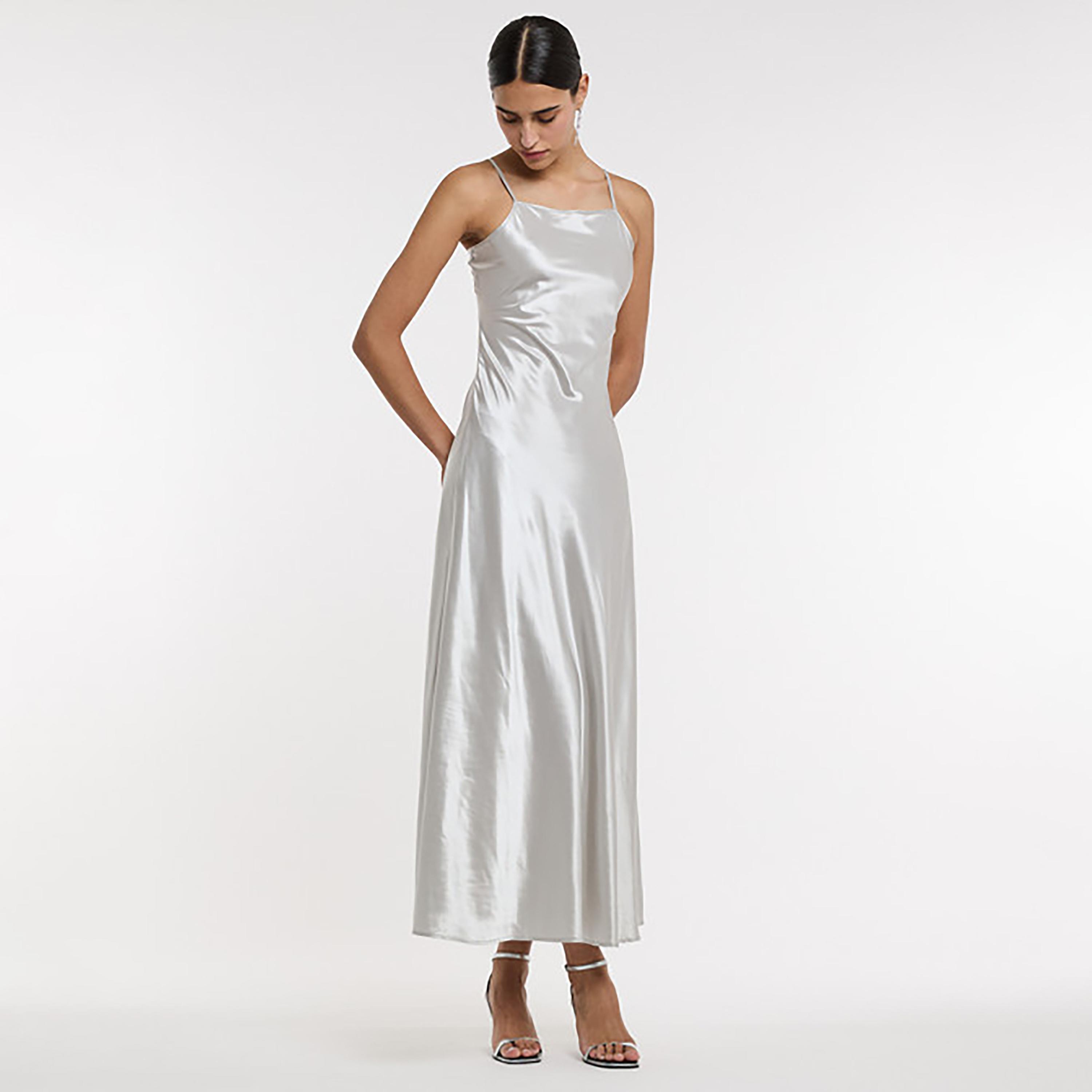 BCBG Silver Satin Women's Slip Maxi Dress with Open Front Robe-women-clothing-dresses-image-1