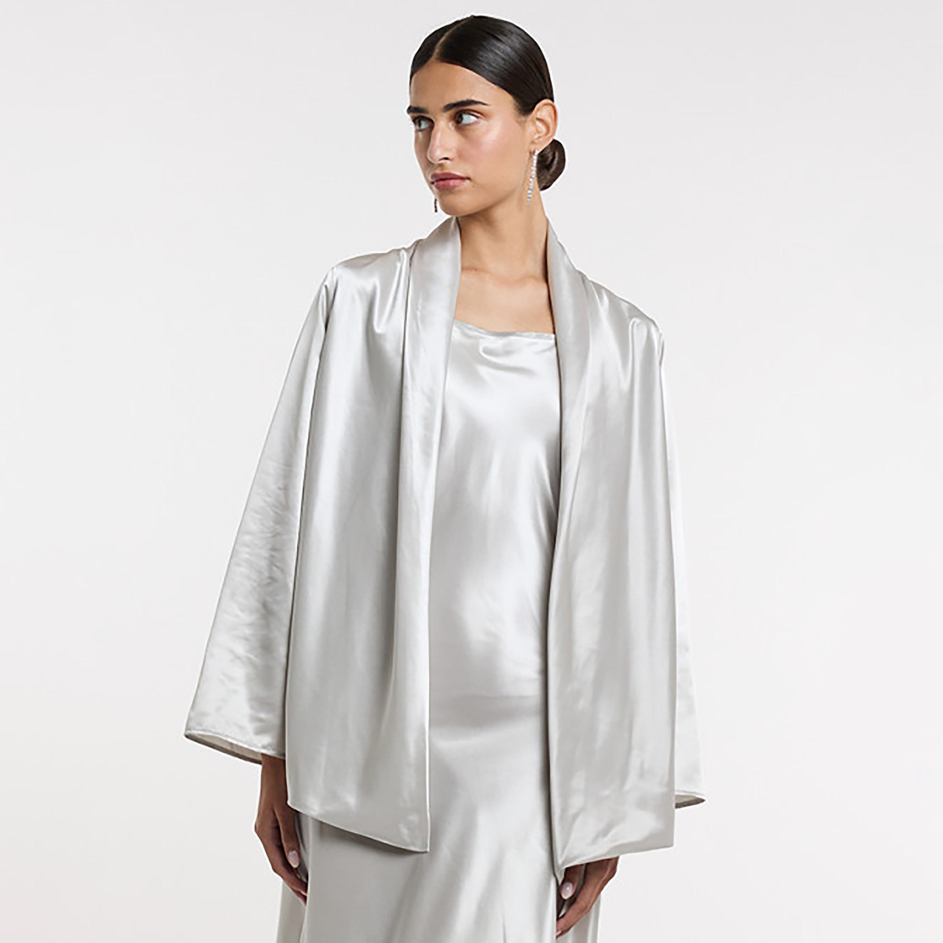 BCBG Silver Satin Flared Sleeves Open Front Shrug-women-clothing-shirtsandblouses-blouses-image-1