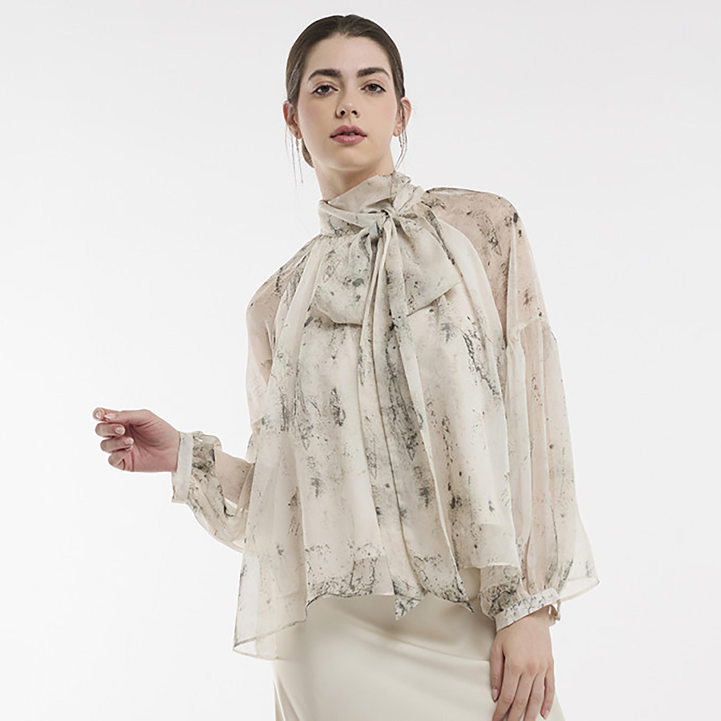 BCBG Printed High Tie Neck Women's Top-women-clothing-shirtsandblouses-blouses-image-1