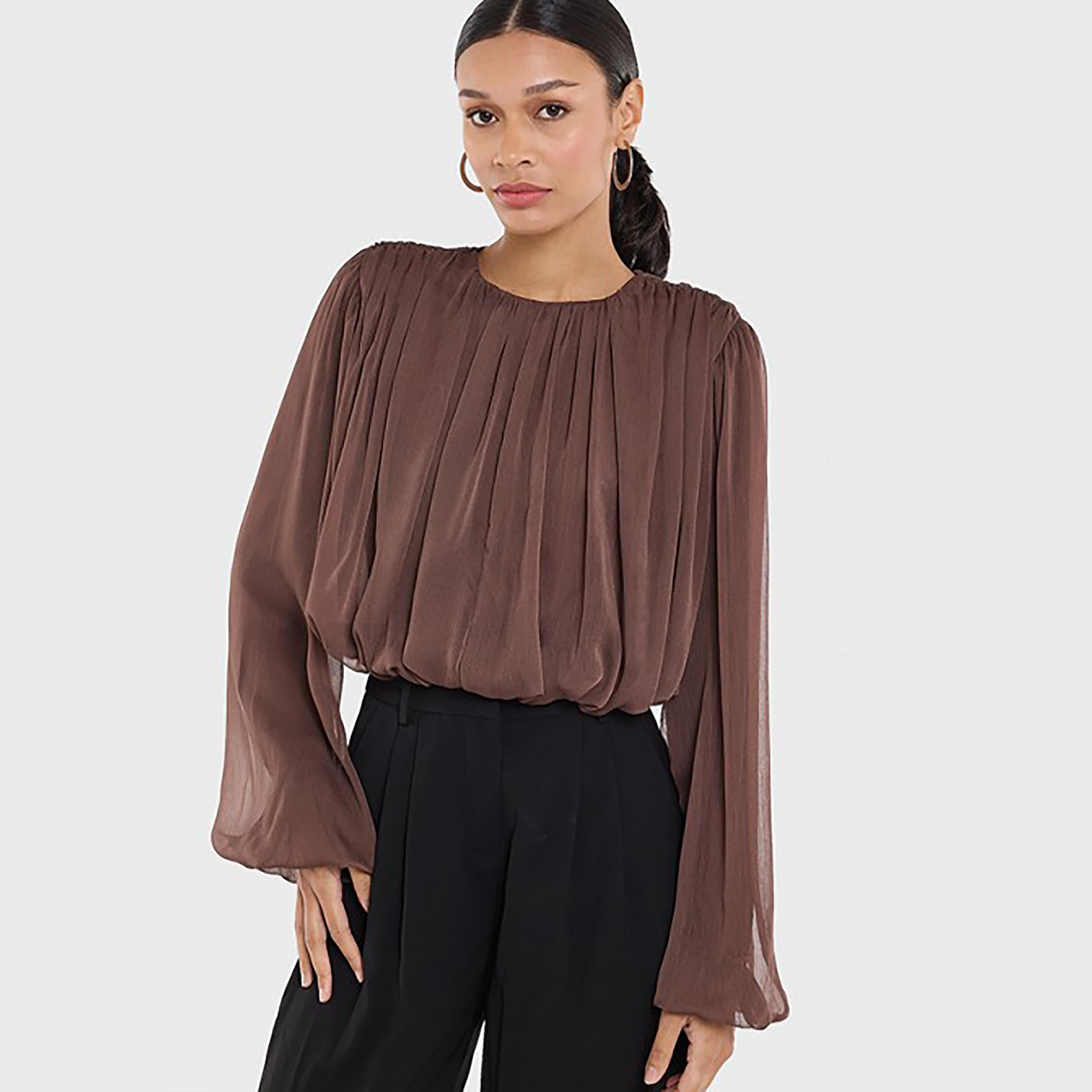 بلوزة نسائية بأكمام "بالون" وتصميم "روشد" بزمزمة لون أرجواني من بي سي بي جي-women-clothing-shirtsandblouses-blouses-image-1