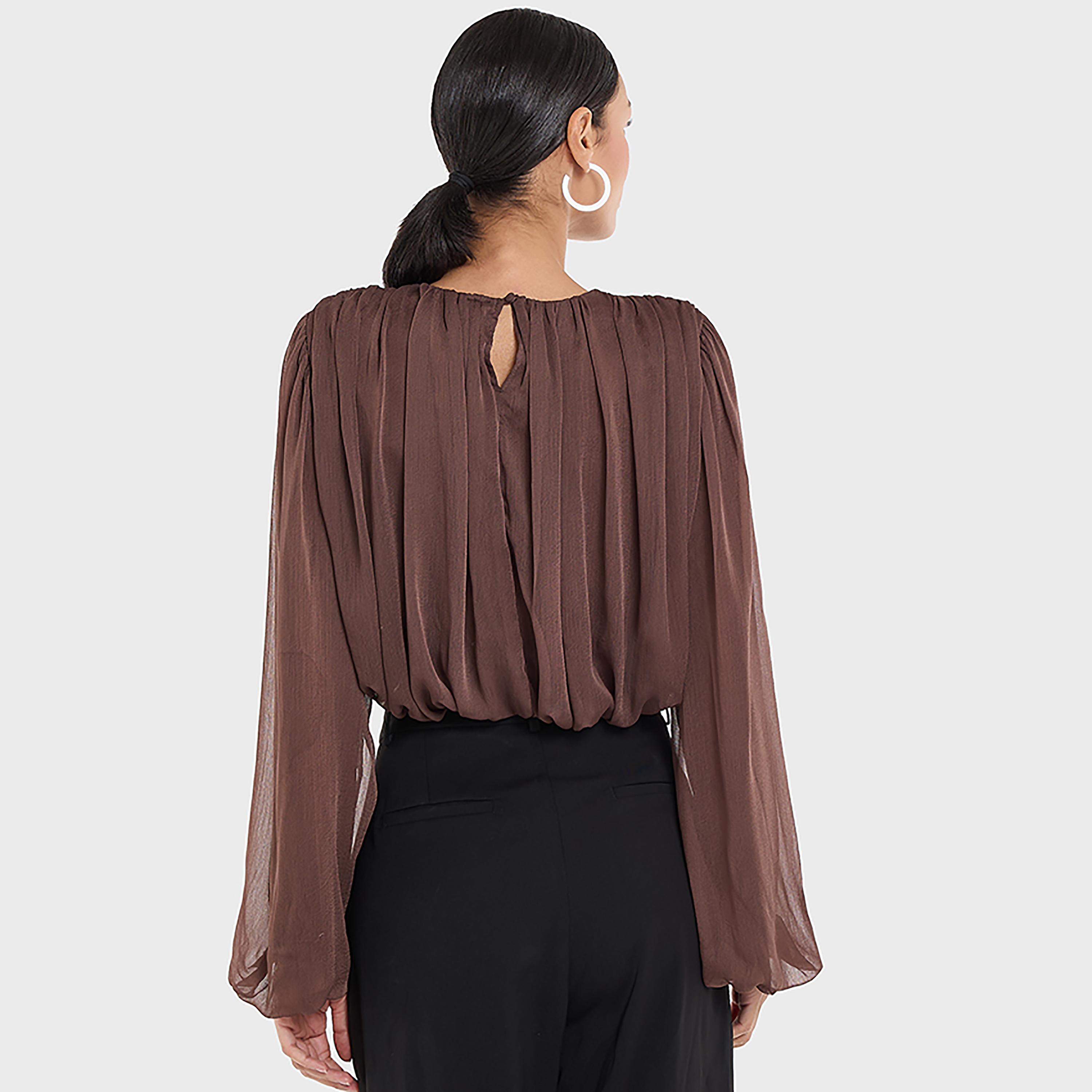 بلوزة نسائية بأكمام "بالون" وتصميم "روشد" بزمزمة لون أرجواني من بي سي بي جي-women-clothing-shirtsandblouses-blouses-image-3