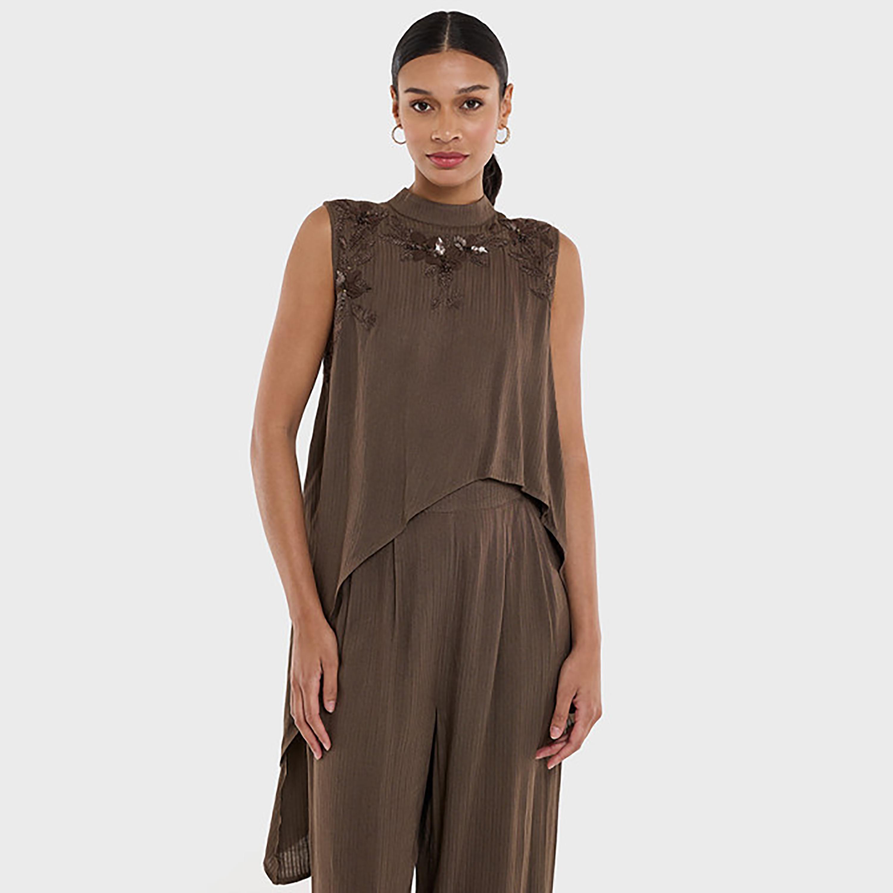 BCBG Brown Embellished Mock Neck Women's Top-women-clothing-shirtsandblouses-blouses-image-1