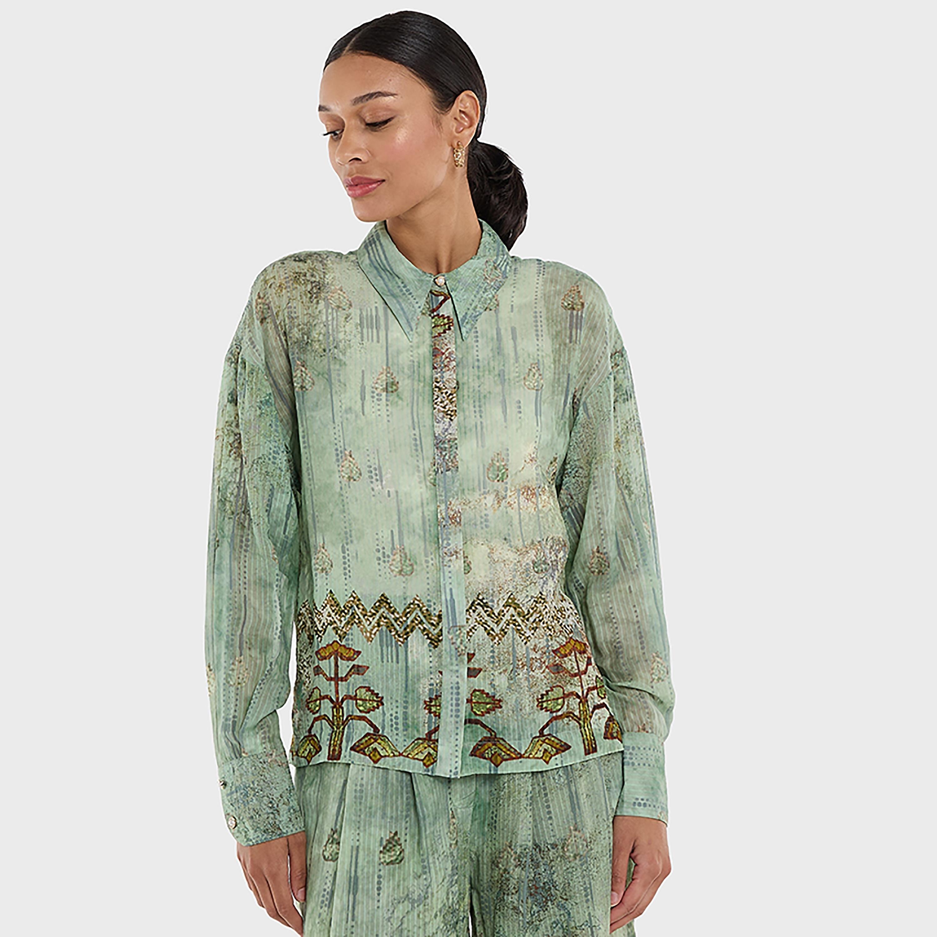 قميص أخضر مطبوع من الفيسكوز دوبي بياقة كلاسيكية للنساء من بي سي بي جي-women-clothing-shirtsandblouses-shirts-image-1