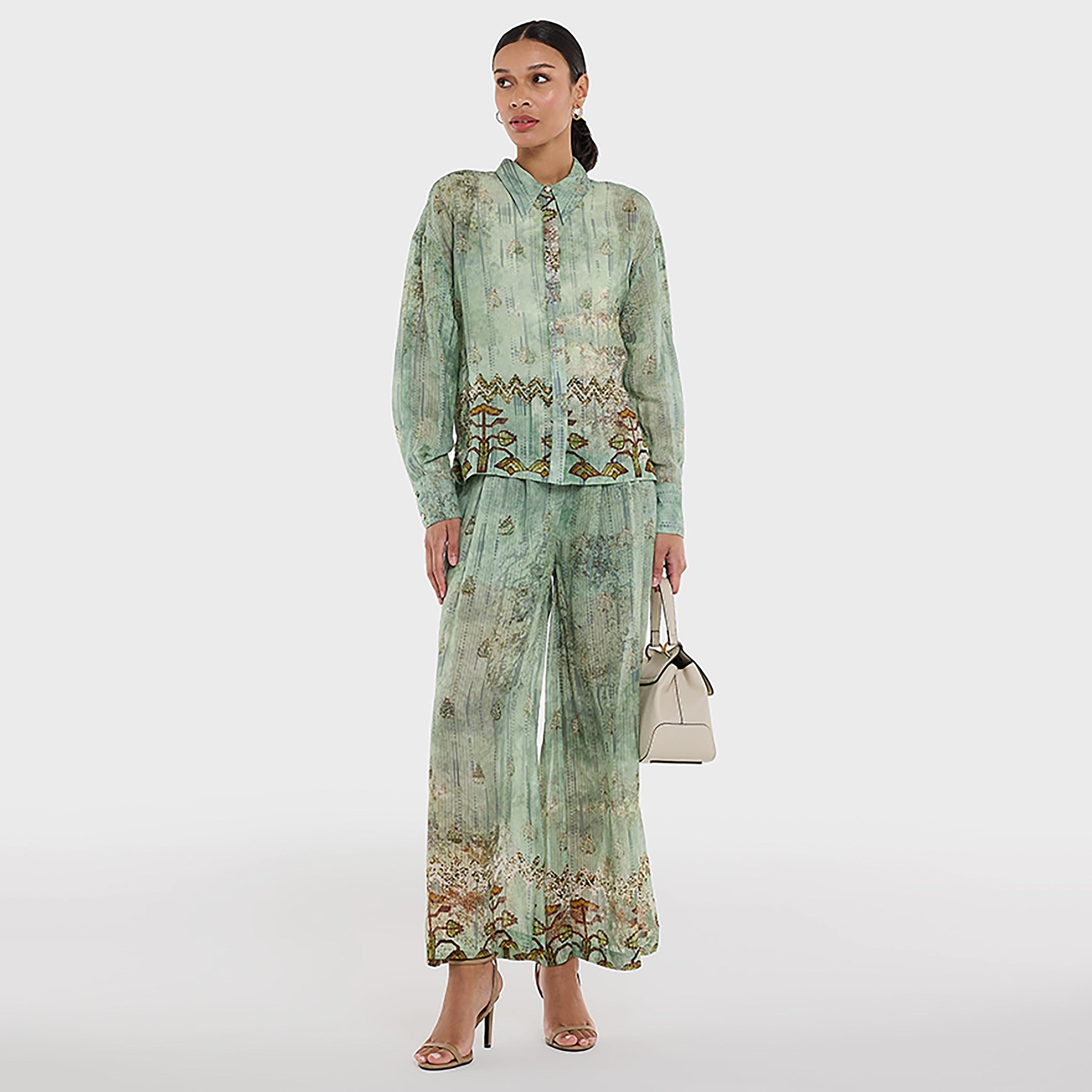 قميص أخضر مطبوع من الفيسكوز دوبي بياقة كلاسيكية للنساء من بي سي بي جي-women-clothing-shirtsandblouses-shirts-image-2
