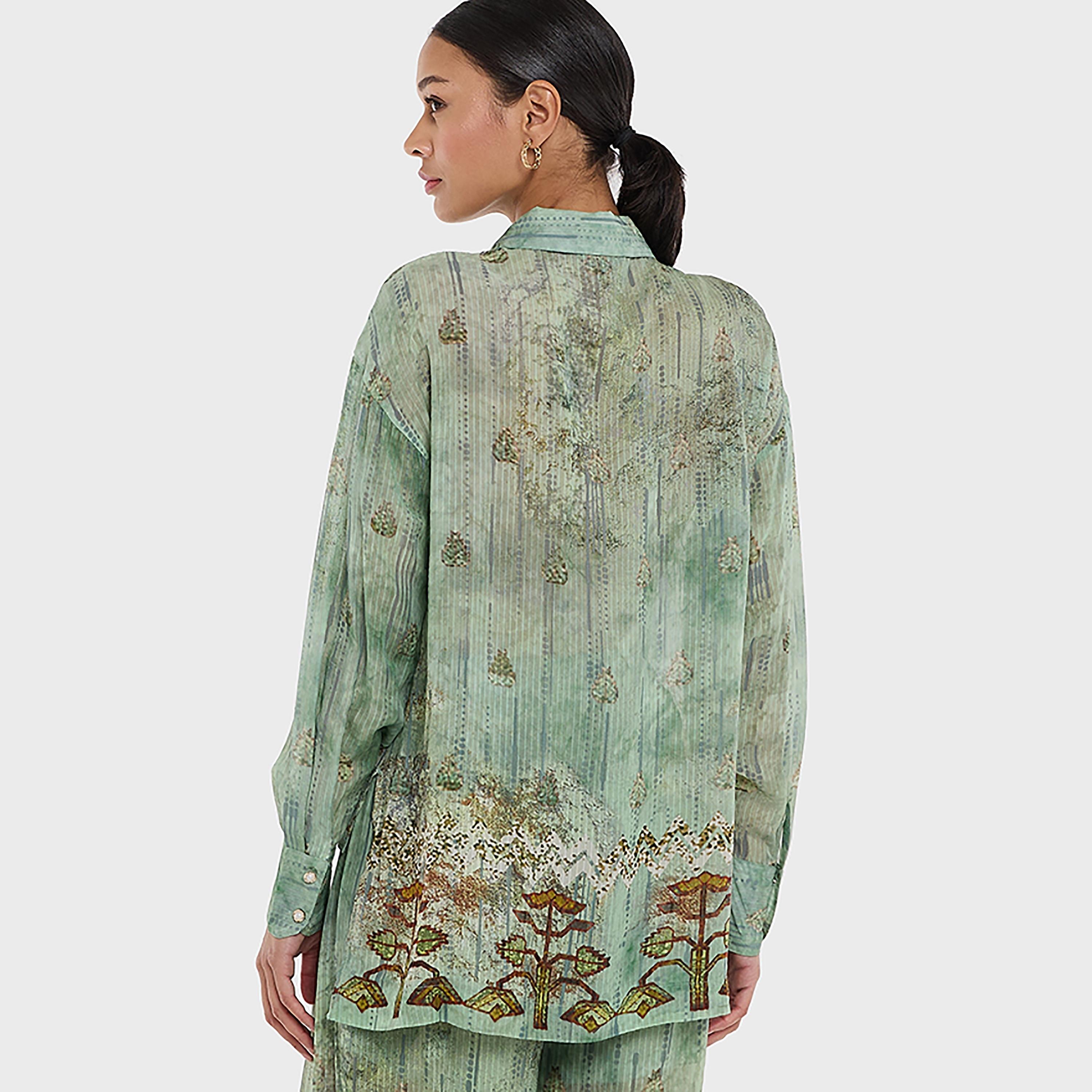 قميص أخضر مطبوع من الفيسكوز دوبي بياقة كلاسيكية للنساء من بي سي بي جي-women-clothing-shirtsandblouses-shirts-image-3