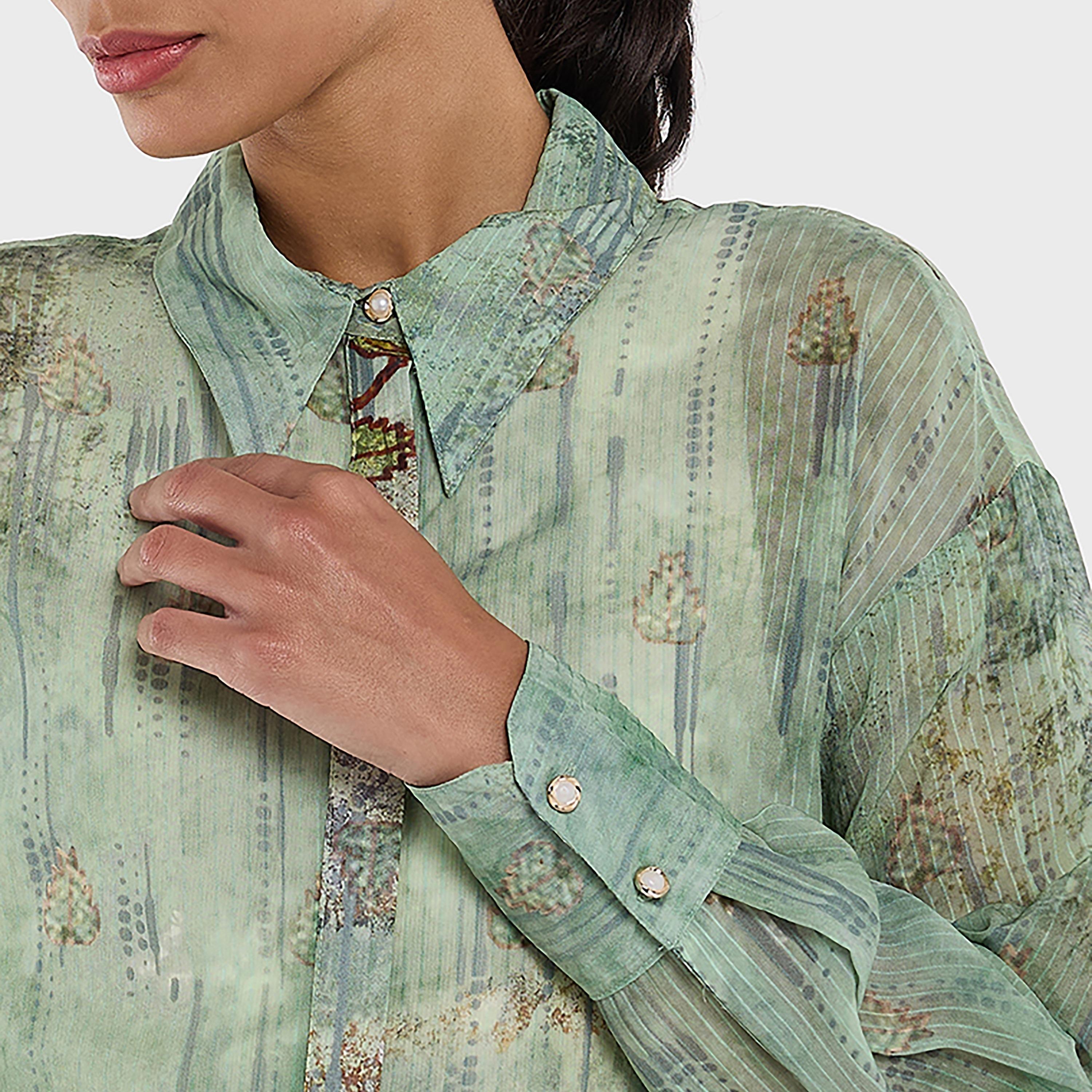 قميص أخضر مطبوع من الفيسكوز دوبي بياقة كلاسيكية للنساء من بي سي بي جي-women-clothing-shirtsandblouses-shirts-image-4