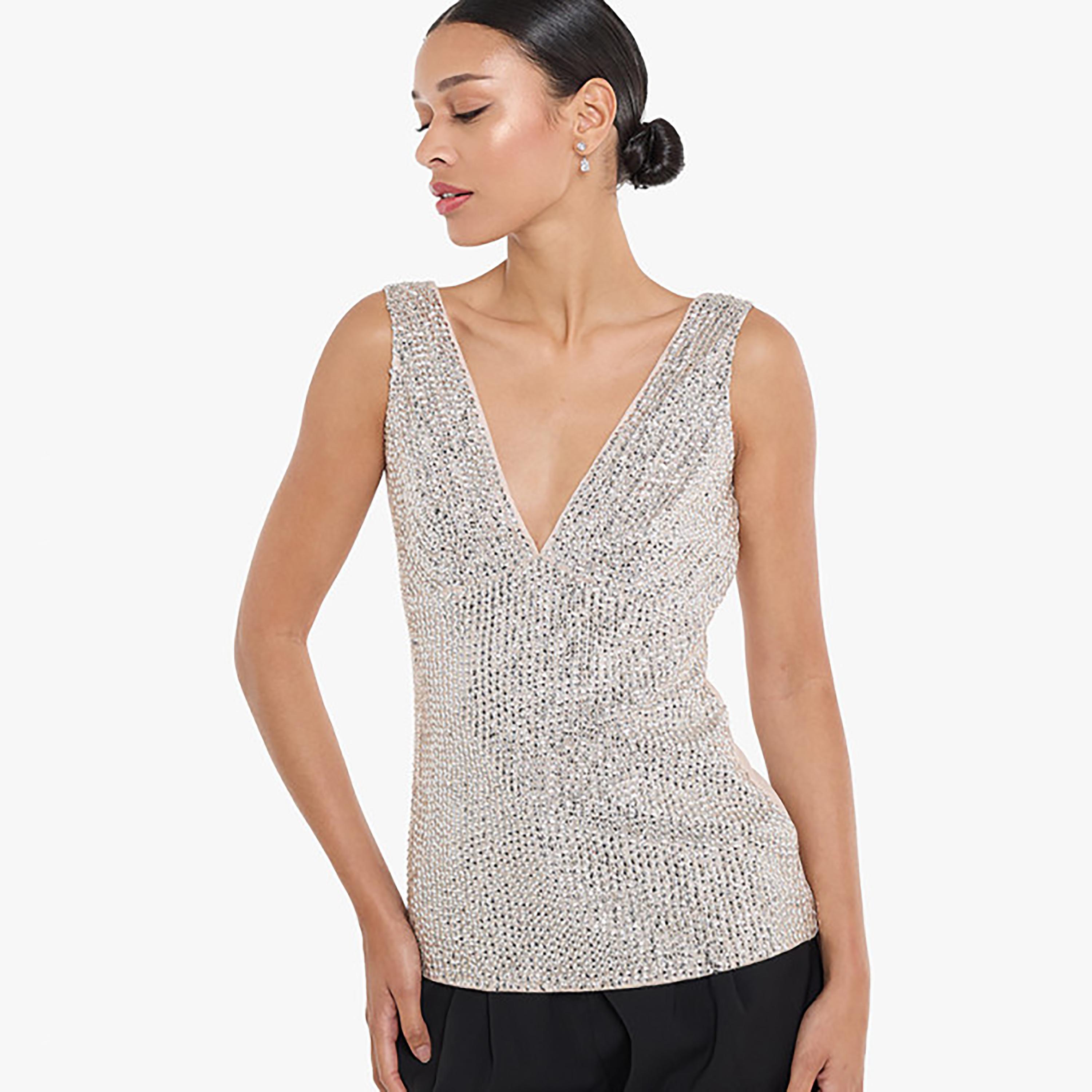 بلوزة نسائية مزينة بالترتل (سيكوين) لون نيود من بي سي بي جي-women-clothing-shirtsandblouses-blouses-image-1