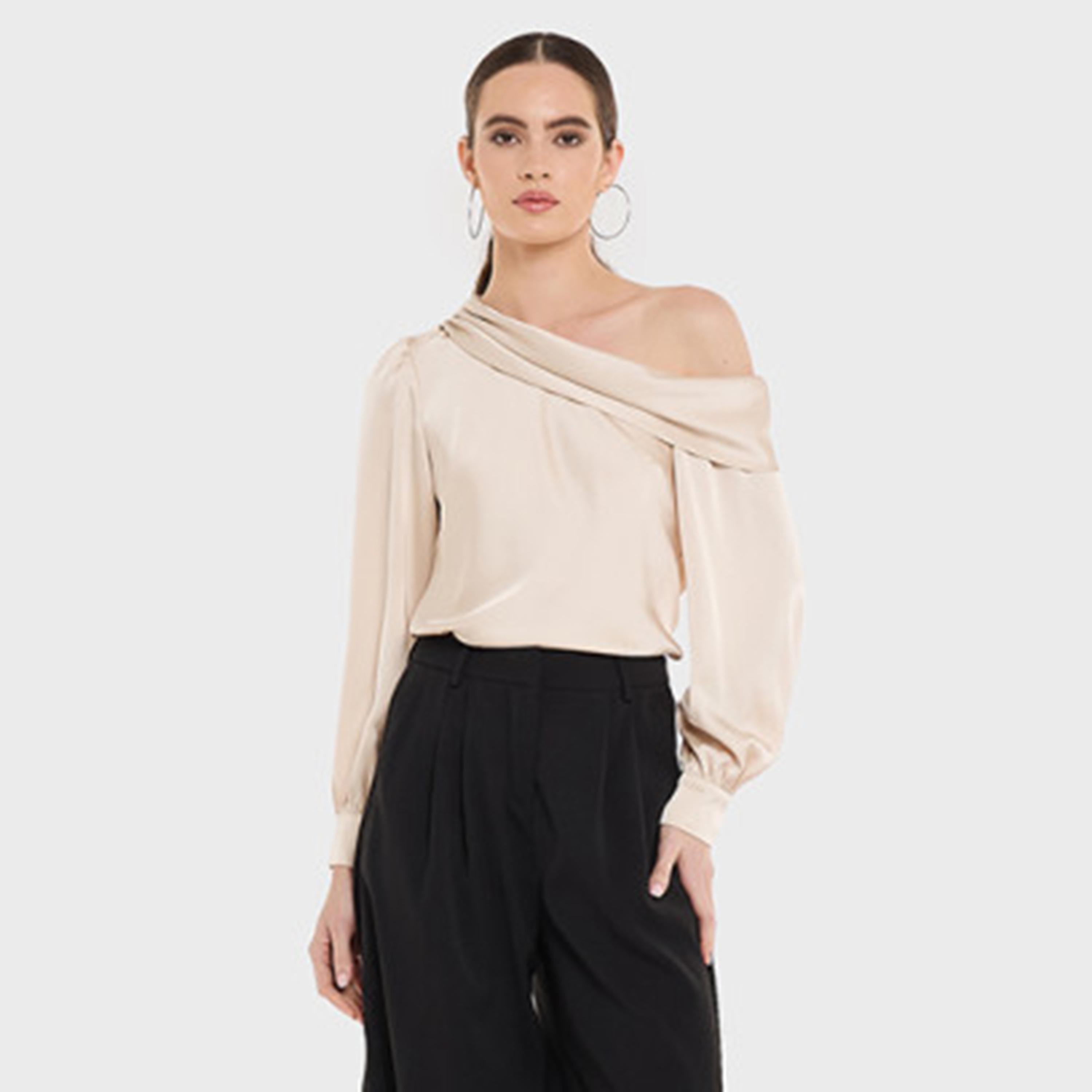 BCBG Satin One-Shoulder Puff Sleeves Women's Top-women-clothing-shirtsandblouses-blouses-image-1