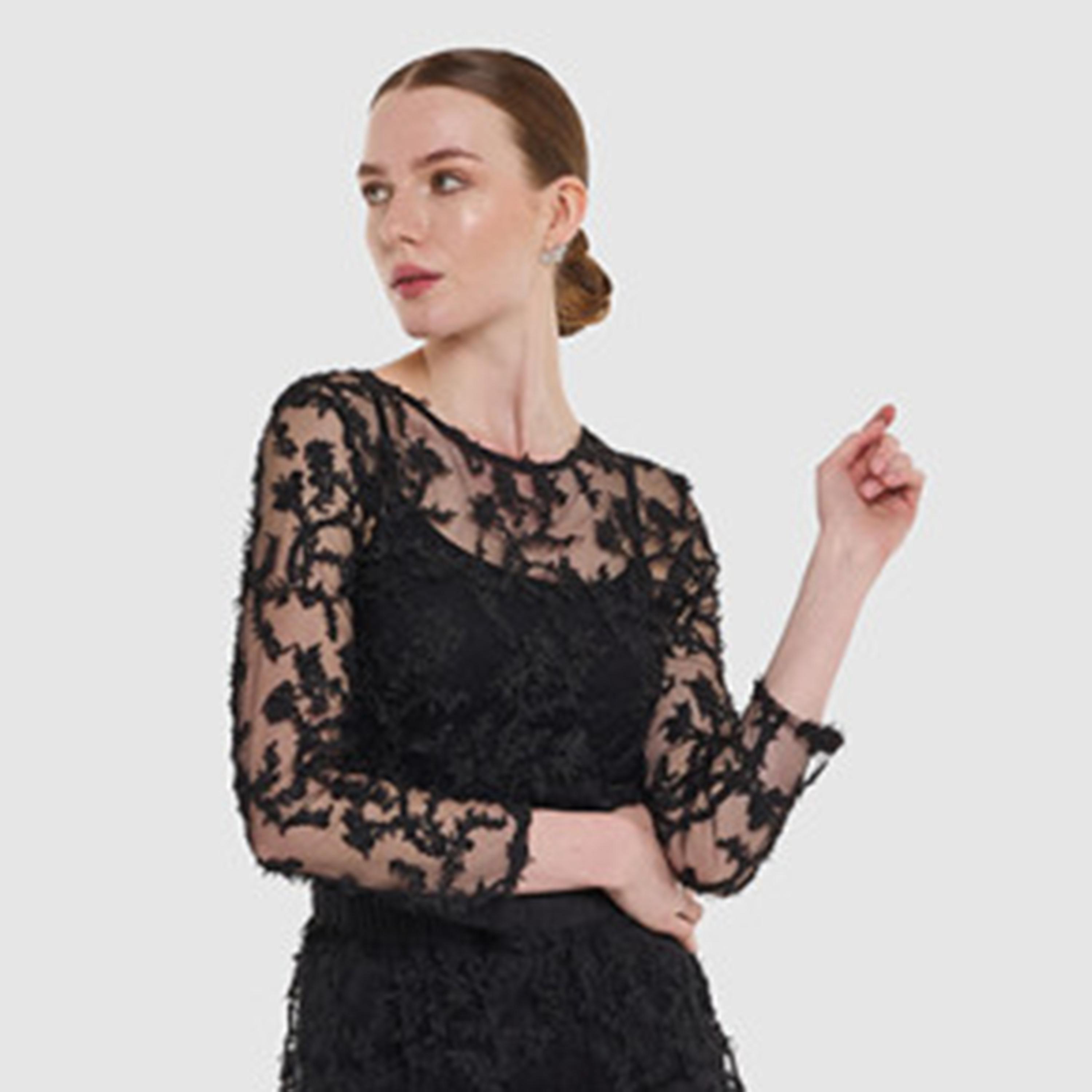 بلوزة نسائية شبكية "نت" شفافة بتطريز زهور لون أسود من بي سي بي جي-women-clothing-shirtsandblouses-blouses-image-1