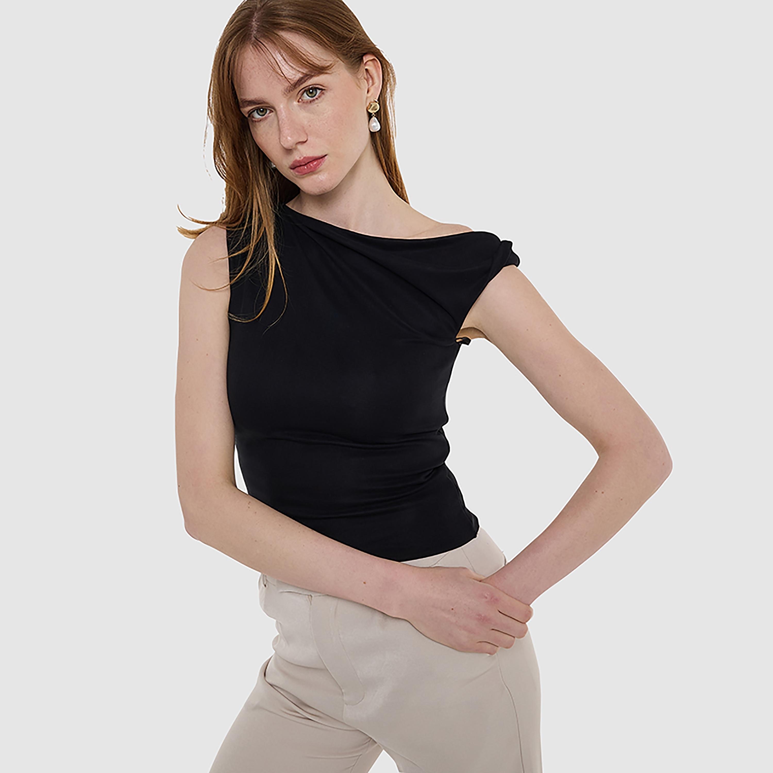 BCBG Ruched Asymmetric Neck Women's Top-women-clothing-shirtsandblouses-blouses-image-1