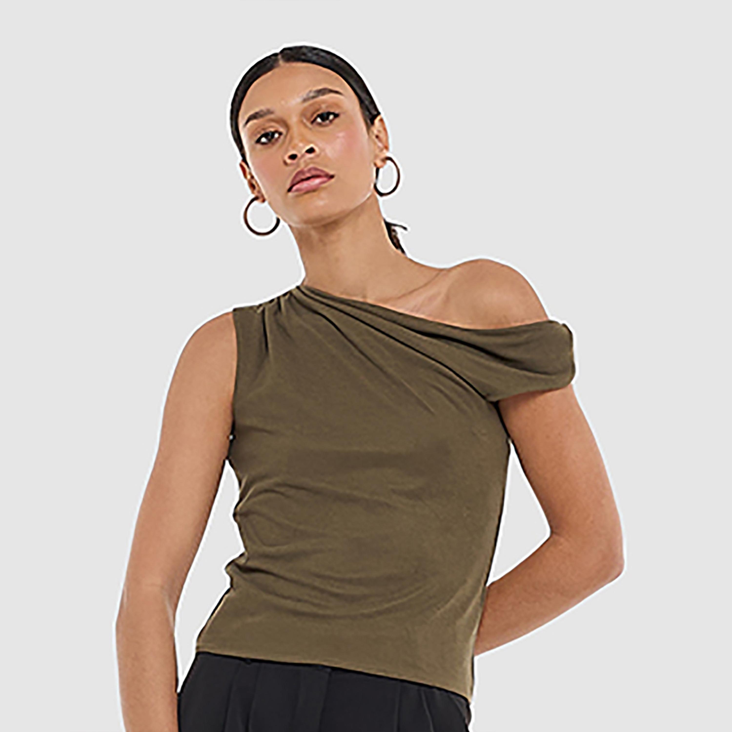 BCBG Ruched Asymmetric Neck Women's Top-women-clothing-shirtsandblouses-blouses-image-5