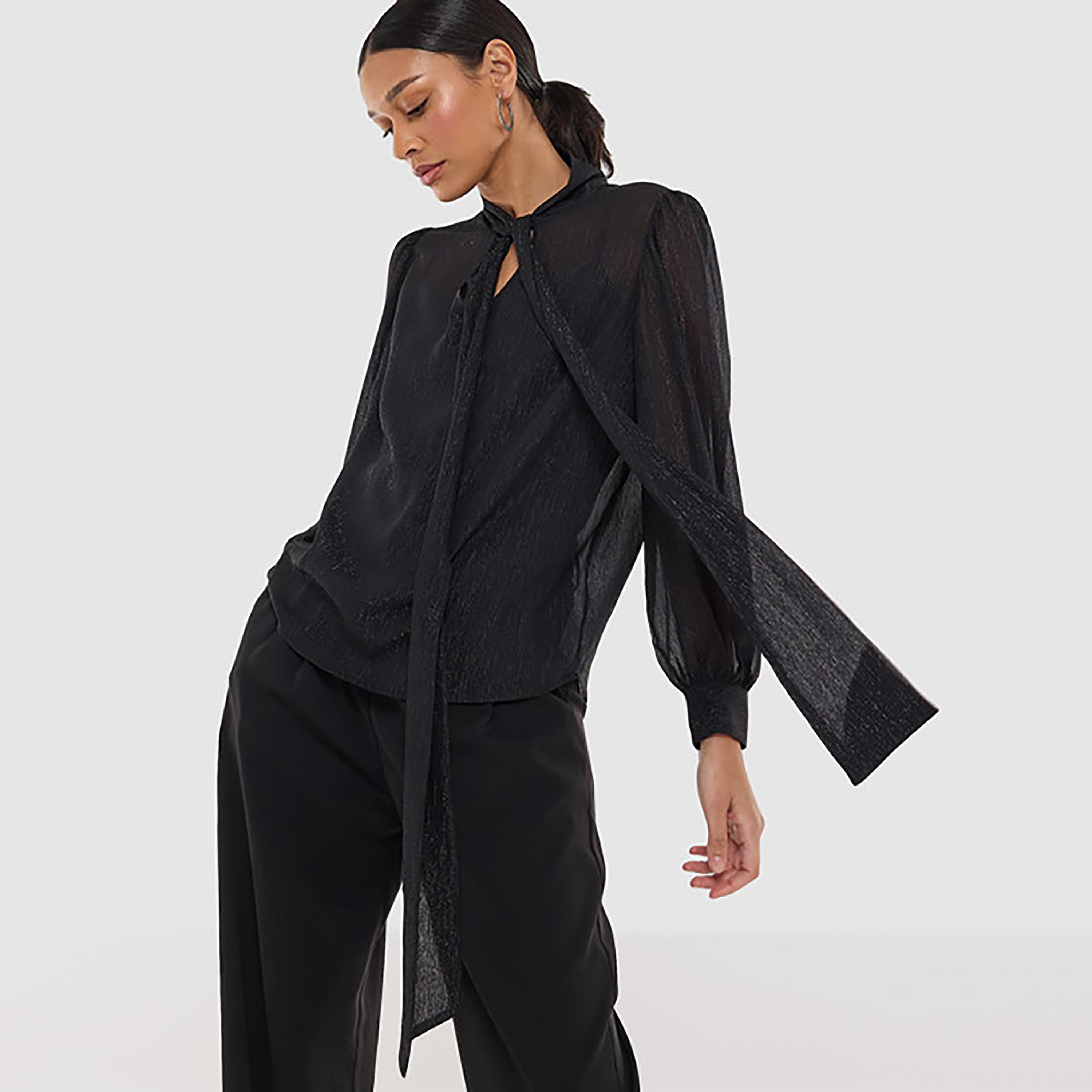 BCBG Black Textured Lurex Tie-Up Neck Bishop Sleeves Women's Top-women-clothing-shirtsandblouses-blouses-image-1