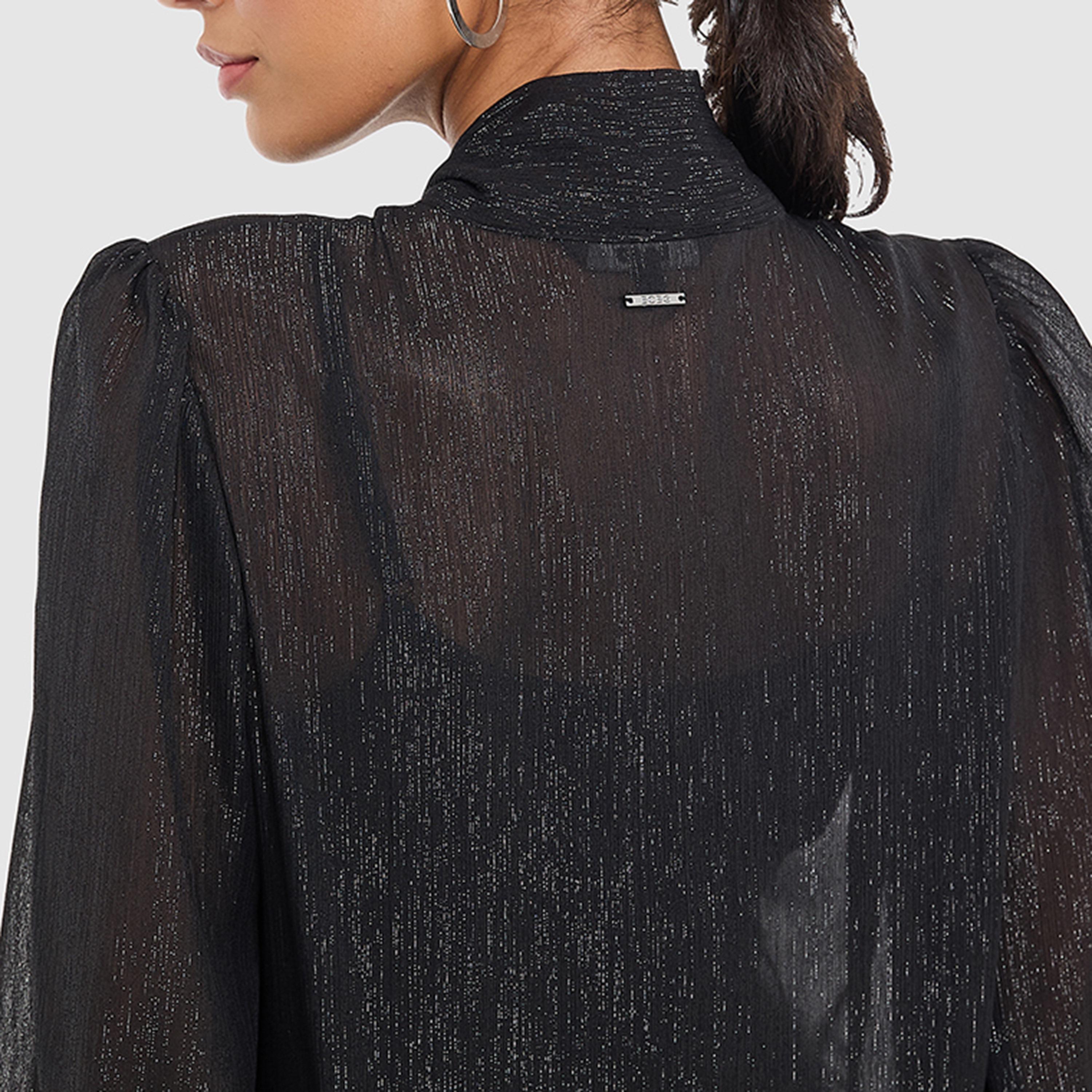 BCBG Black Textured Lurex Tie-Up Neck Bishop Sleeves Women's Top-women-clothing-shirtsandblouses-blouses-image-4