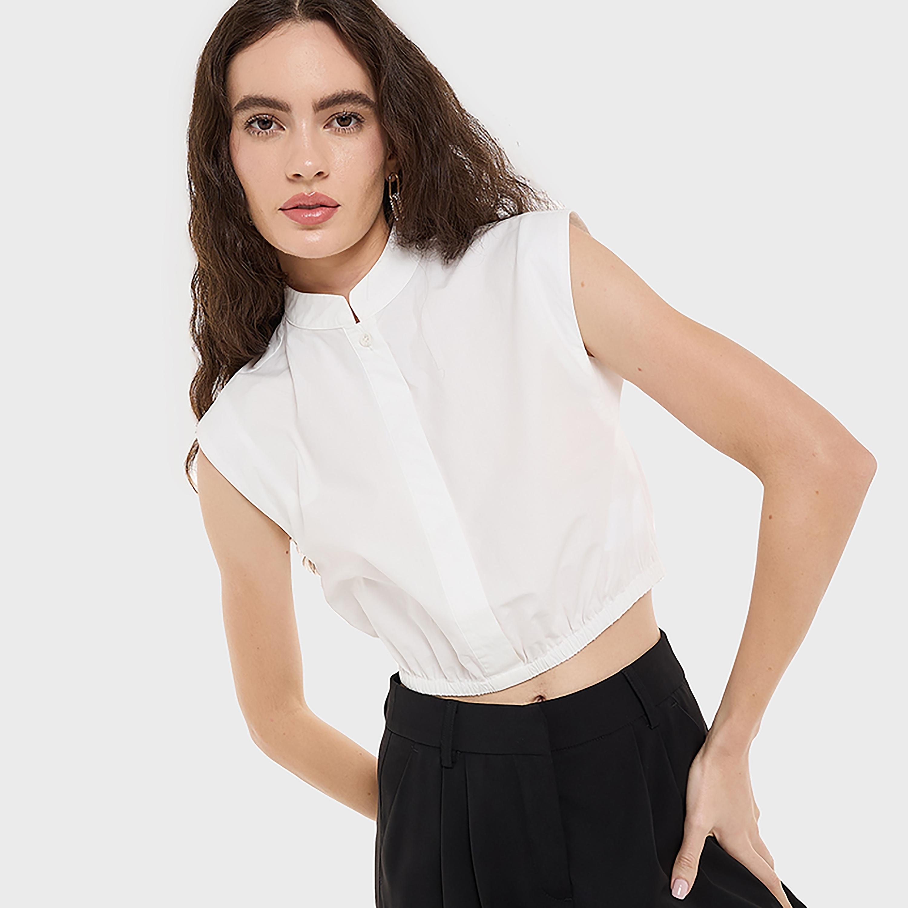 بلوزة بيضاء قطنية بياقة صينية مندرين للنساء من بي سي بي جي-women-clothing-shirtsandblouses-blouses-image-3