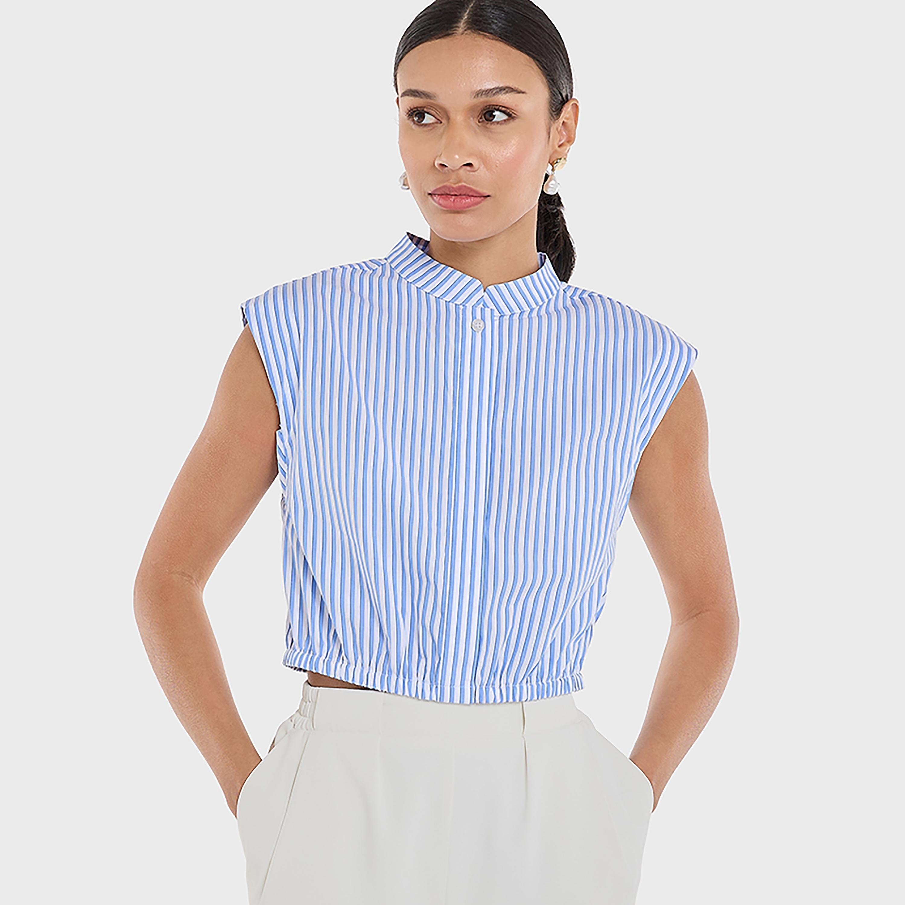 بلوزة بياقة ماندرين مخططة من القطن، متعددة الألوان للنساء من بي سي بي جي-women-clothing-shirtsandblouses-blouses-image-1