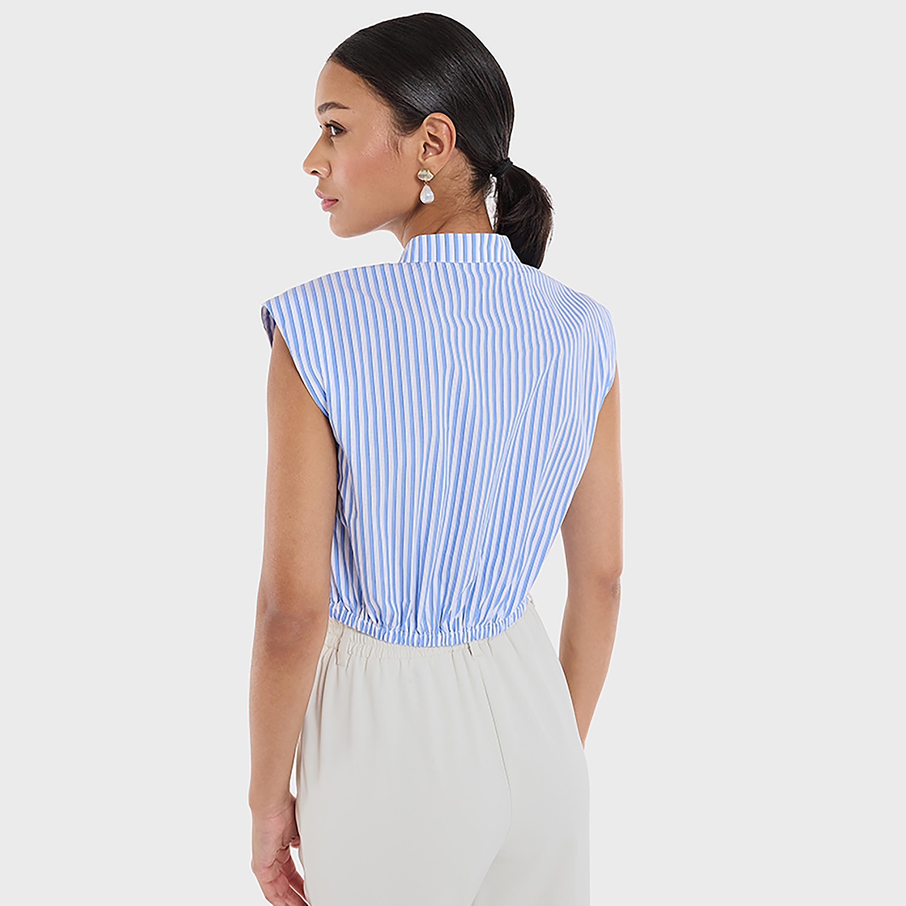 بلوزة بياقة ماندرين مخططة من القطن، متعددة الألوان للنساء من بي سي بي جي-women-clothing-shirtsandblouses-blouses-image-3